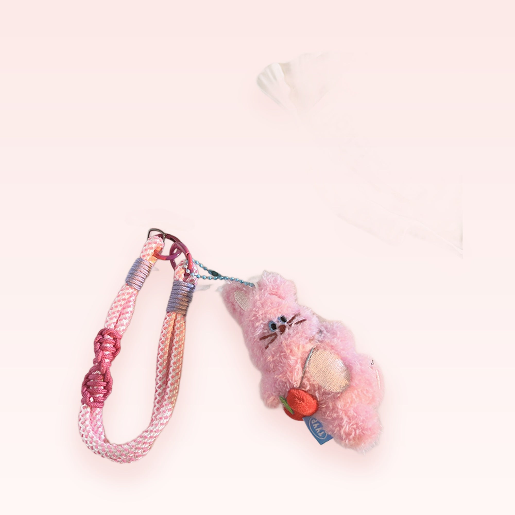 Pink Braided Wrist Phone Charm | Cute Fluffy Bunny & Strawberry Lanyard