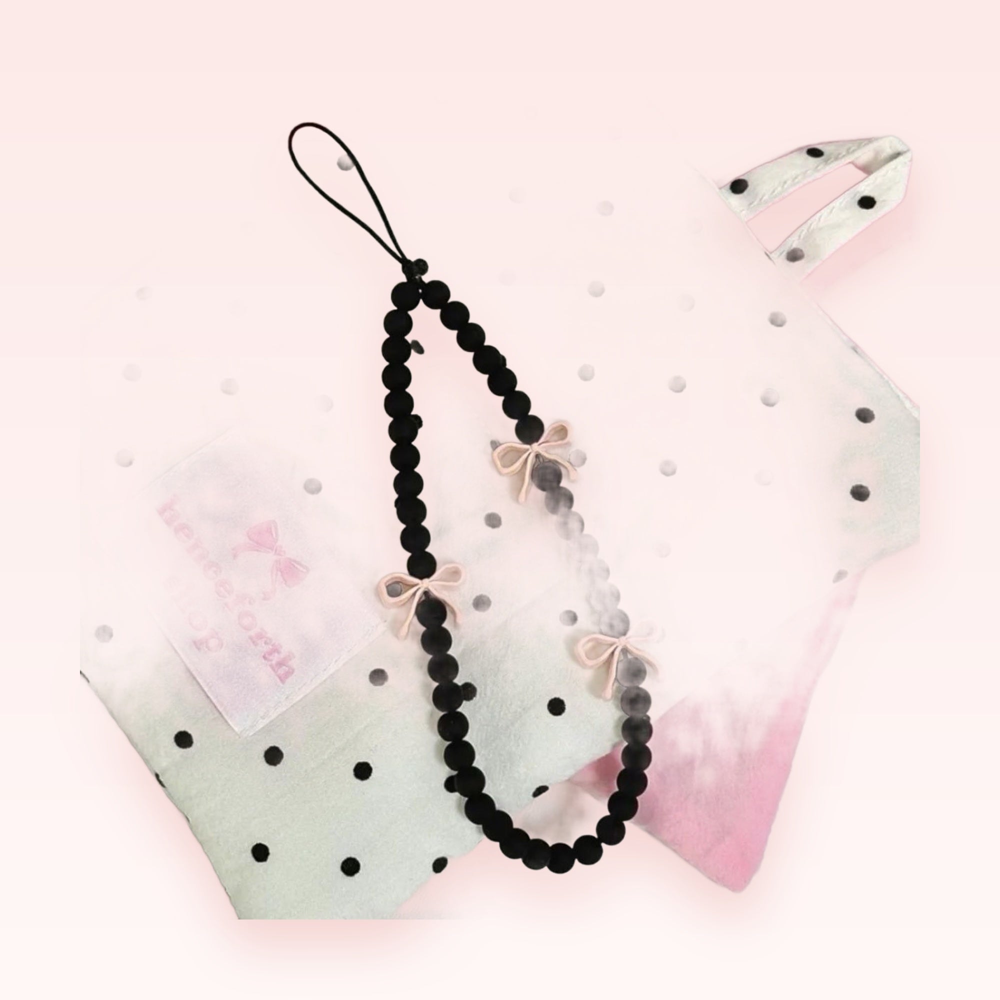Cute Black Beaded Phone Charm | Pink Bow Wrist Strap Lanyard