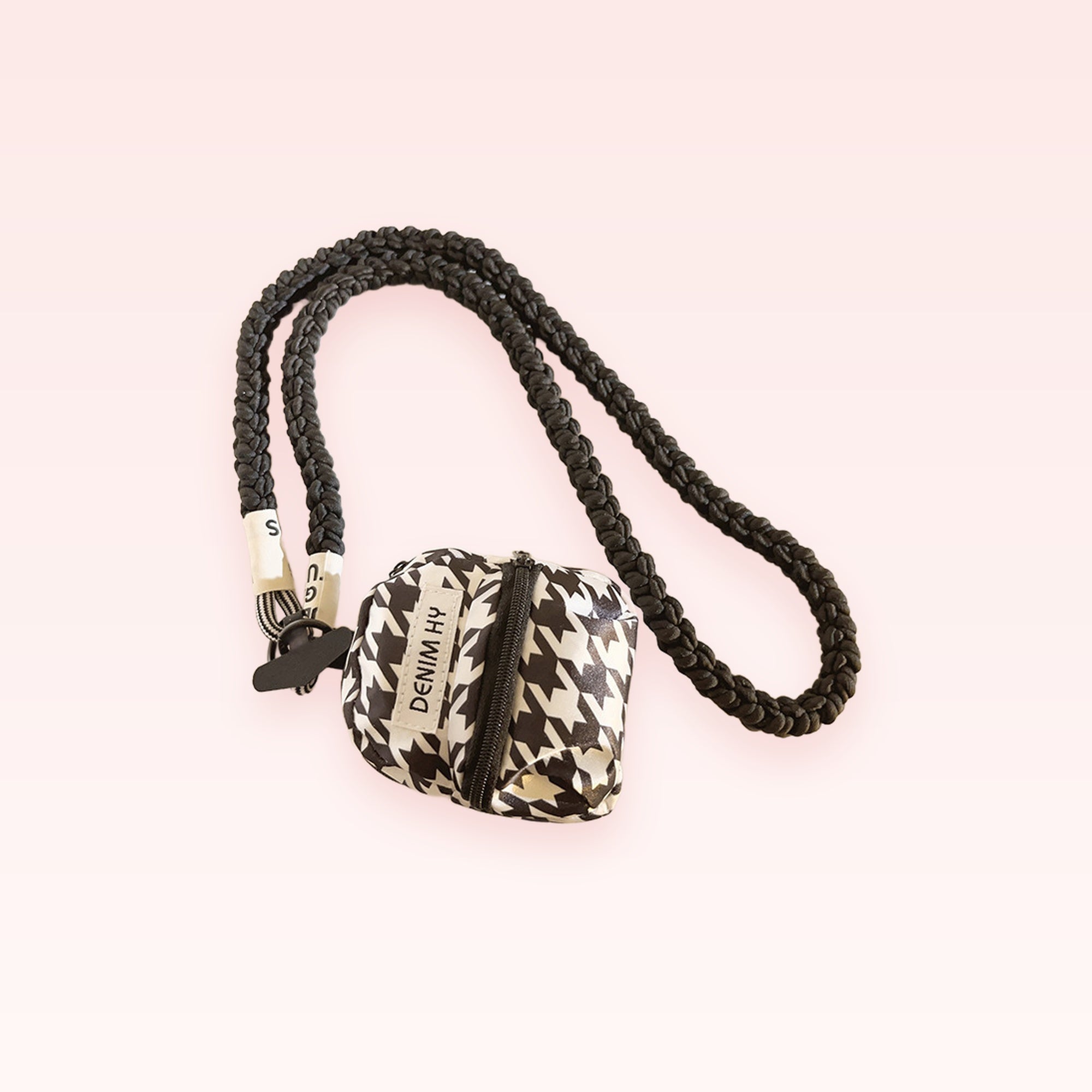 Black & White Houndstooth Mini Pouch Phone Charm | Braided Lanyard Strap