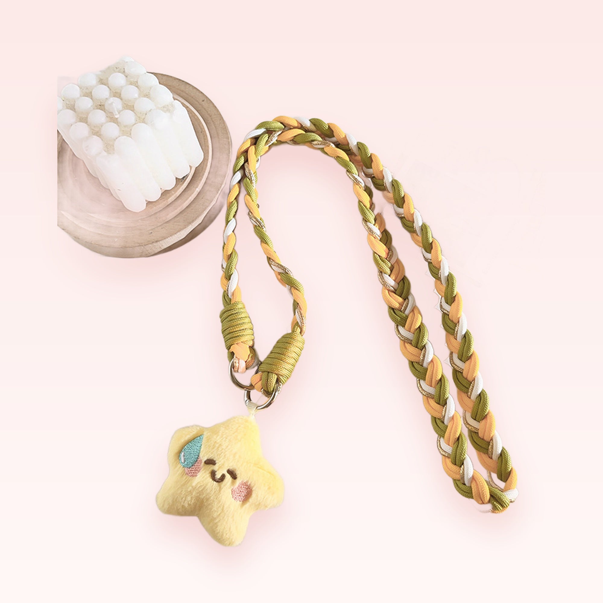 Braided Green & Yellow Lanyard Phone Charm | Cute Star Plushie Wrist Strap
