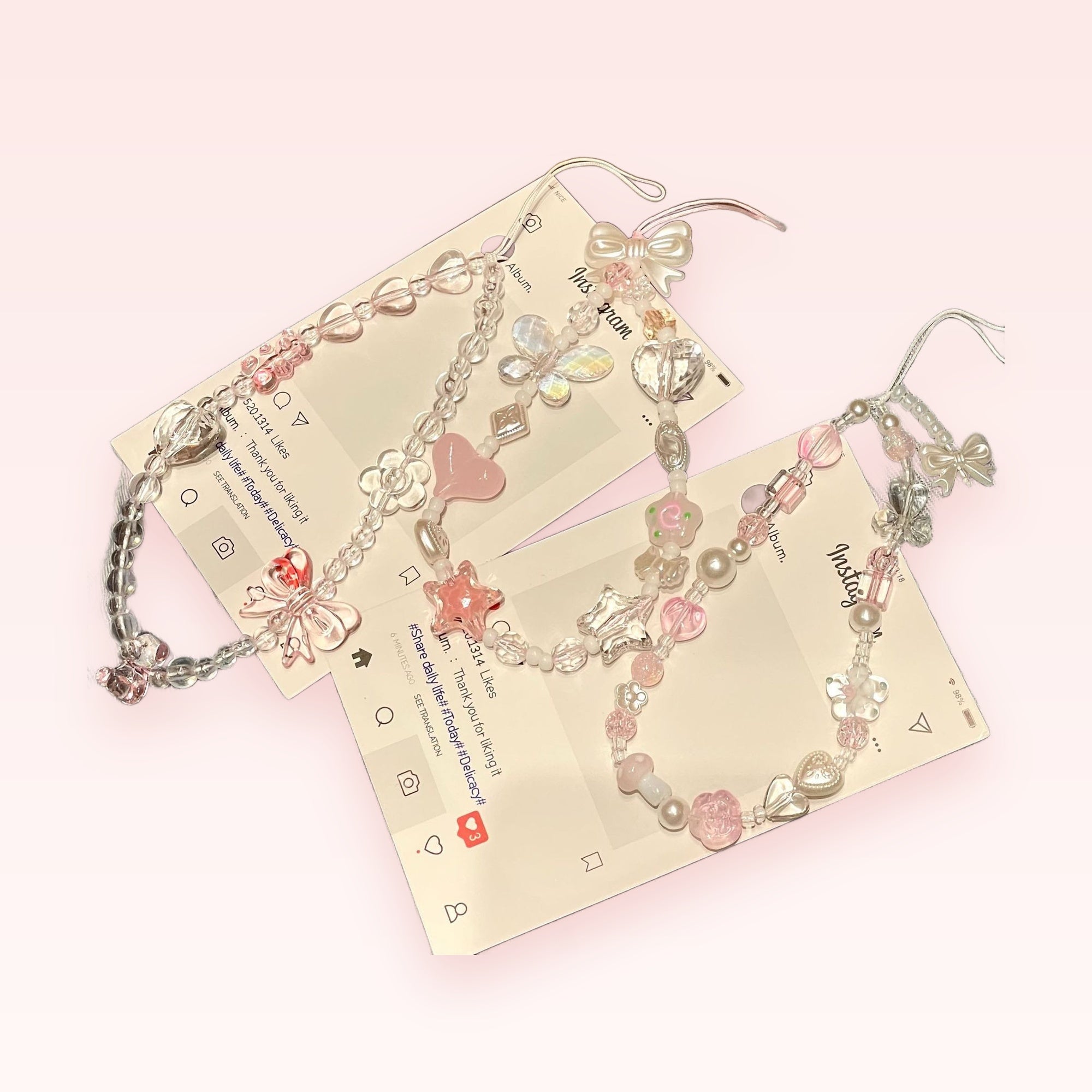 Kawaii Pink & Clear Beaded Phone Charm Strap | Pastel Butterfly & Heart Wrist Lanyard