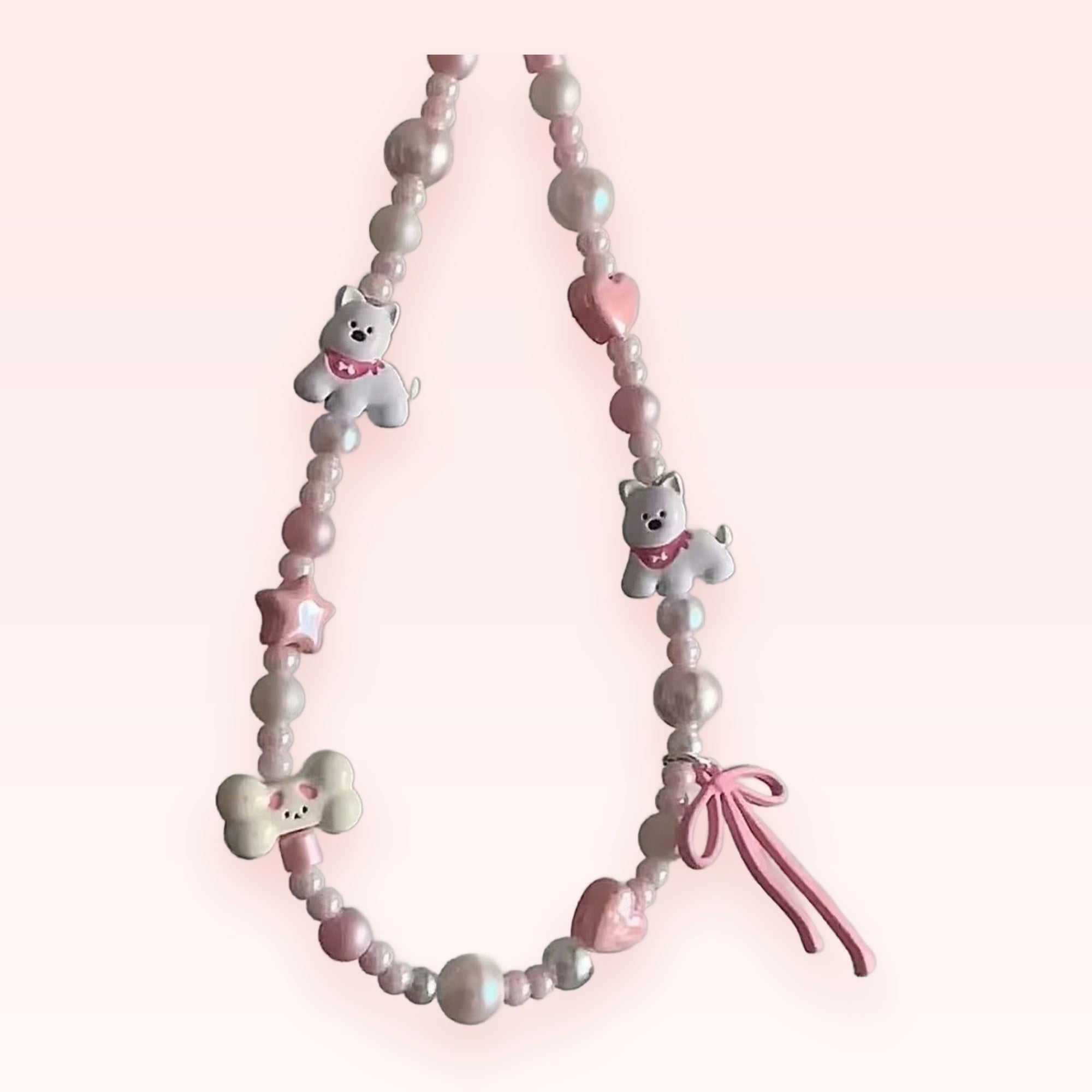 Kawaii Pink Pearl Puppy & Bone Phone Charm | Pastel Beaded Wrist Lanyard