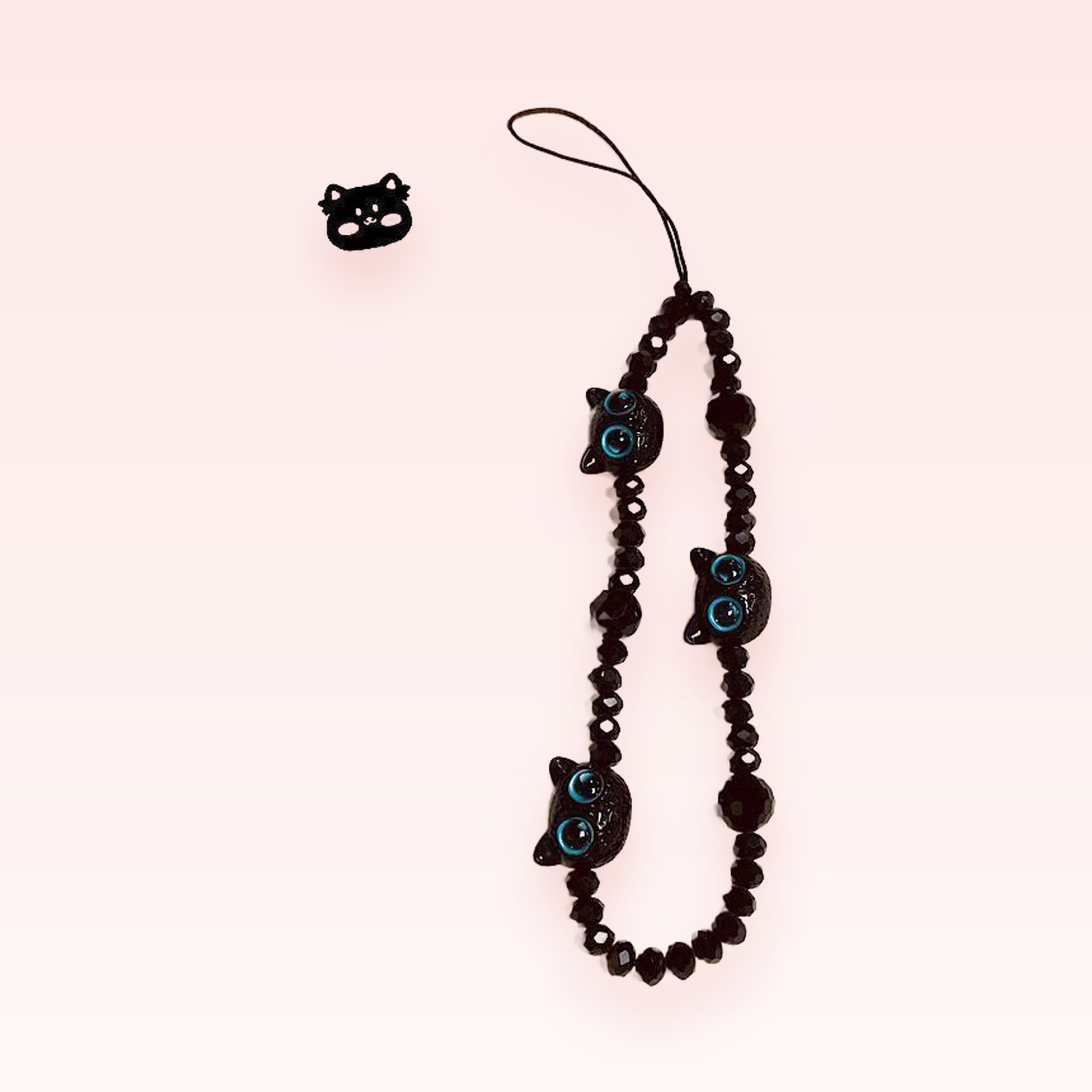 Black Cat Beaded Phone Charm Strap | Kawaii Blue Eyed Kitty Wrist Lanyard