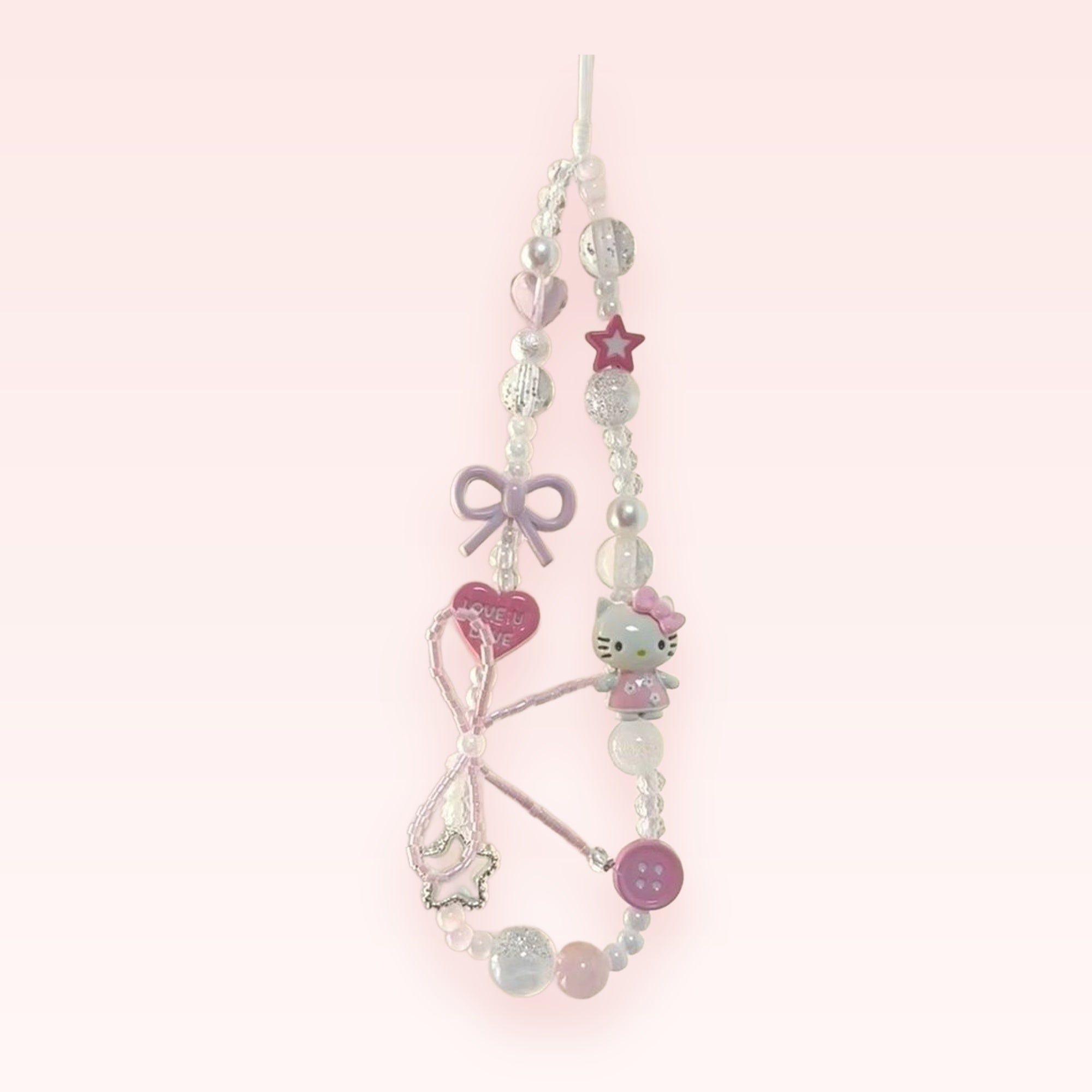 Kawaii Hello Kitty & Bow Phone Charm | Pastel Pink Beaded Wrist Strap