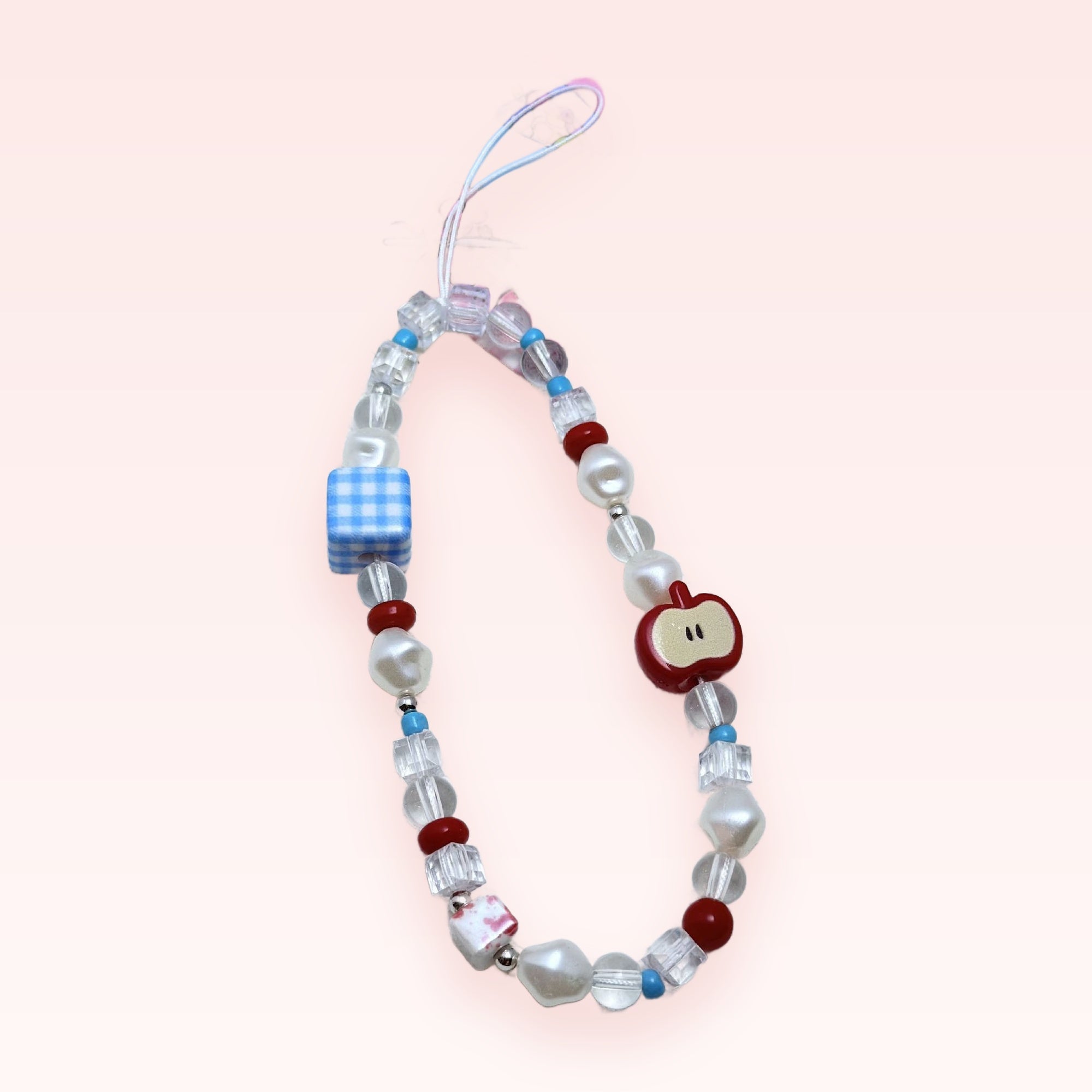Kawaii Pearl & Apple Phone Charm Strap | Cute Beaded Wrist Lanyard with Gingham Cube