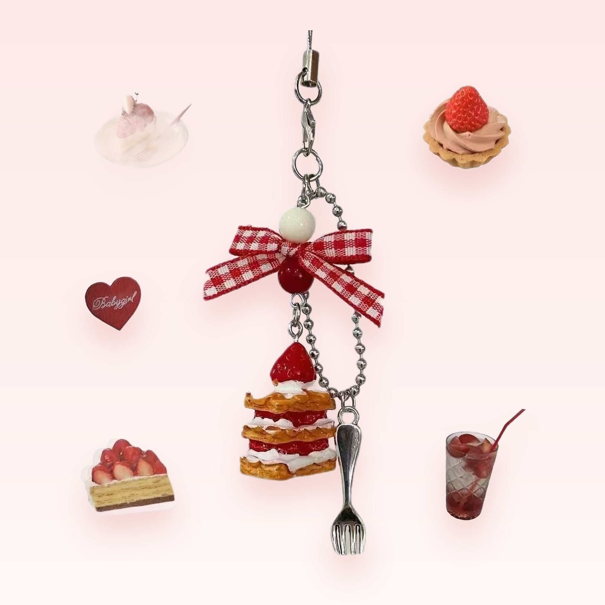 Kawaii Strawberry Dessert Phone Charm | Aesthetic Red Gingham Bow & Fork Lanyard