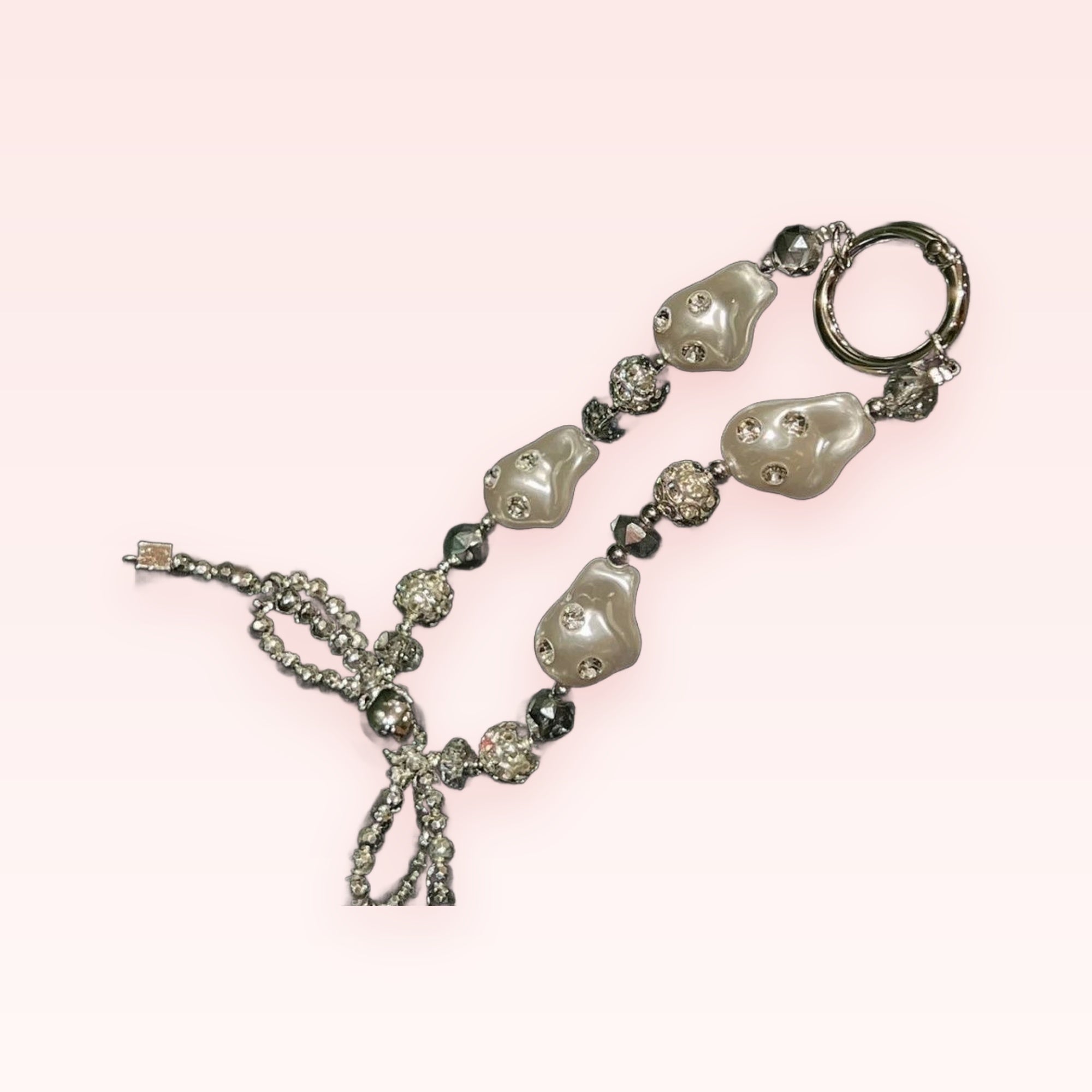 Aesthetic Baroque Pearl & Crystal Phone Charm | Silver Beaded Wrist Lanyard