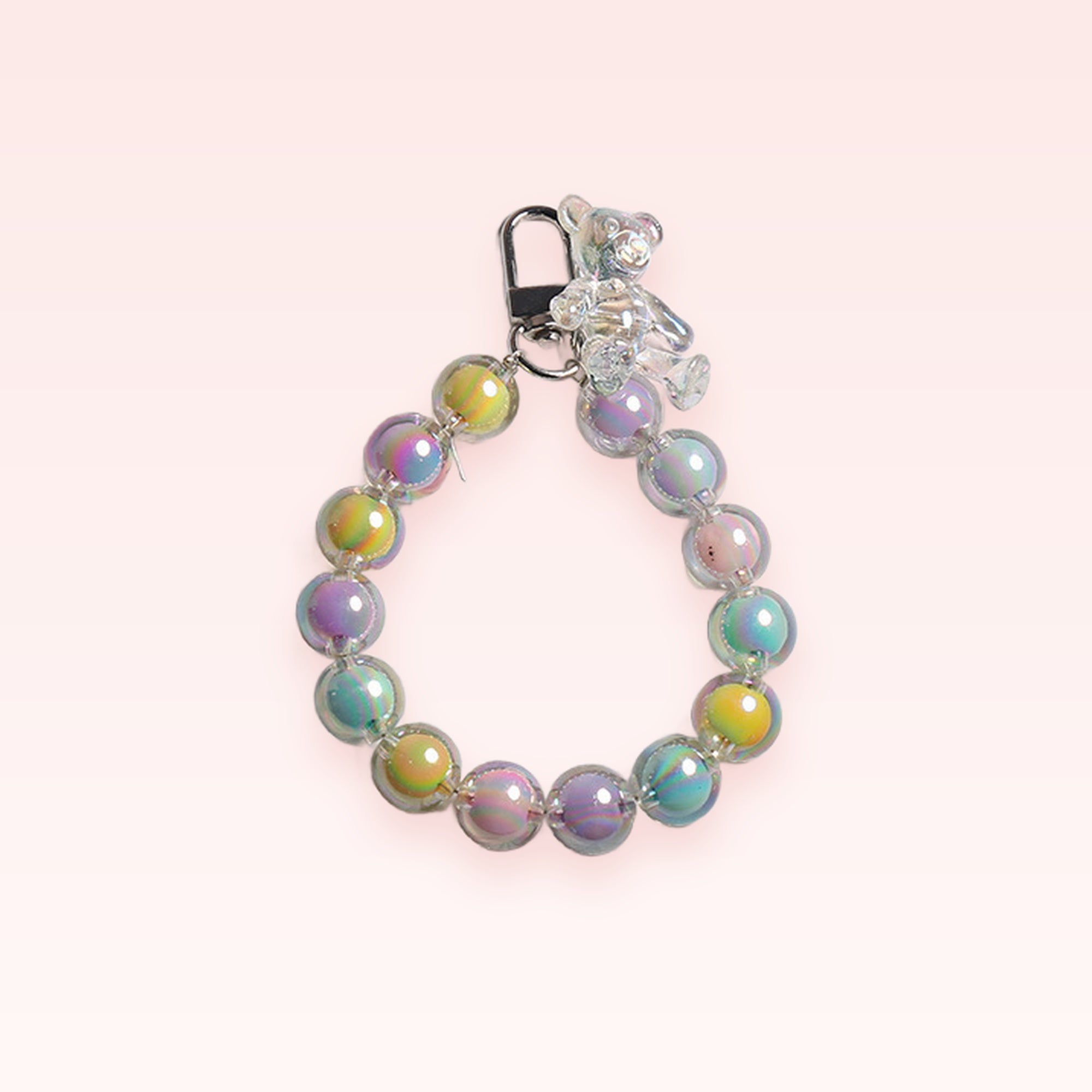 Iridescent Pastel Bead Phone Charm Strap | Cute Bear Wrist Lanyard