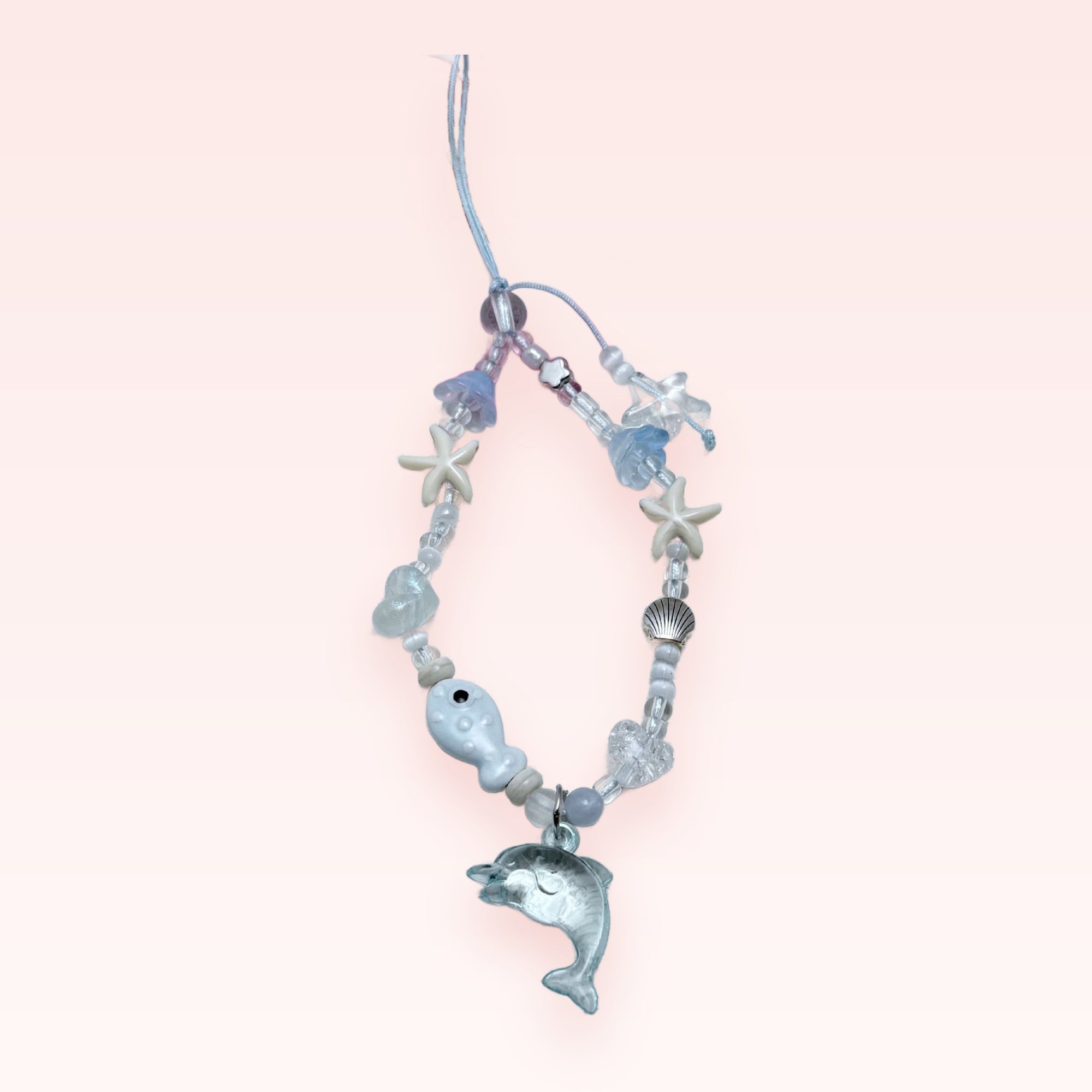 Aesthetic Blue Dolphin & Starfish Phone Charm | Ocean-Themed Beaded Wrist Strap
