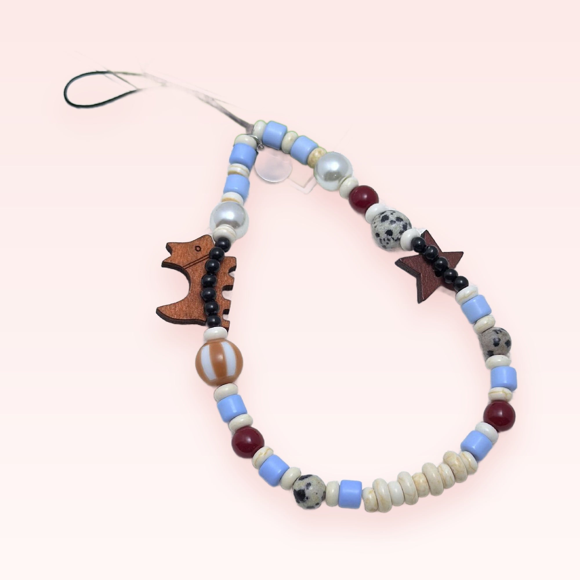 Aesthetic Wooden Dinosaur & Star Phone Charm | Pastel Beaded Wrist Lanyard