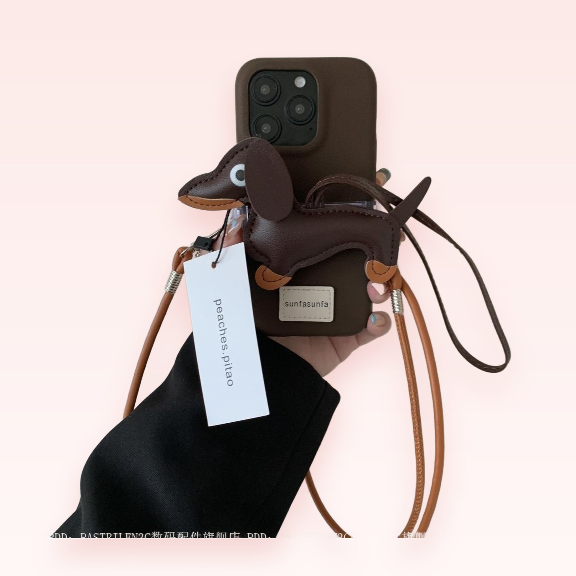 Cute Brown Dachshund Phone Charm Lanyard | Aesthetic Leather Dog Wrist Strap