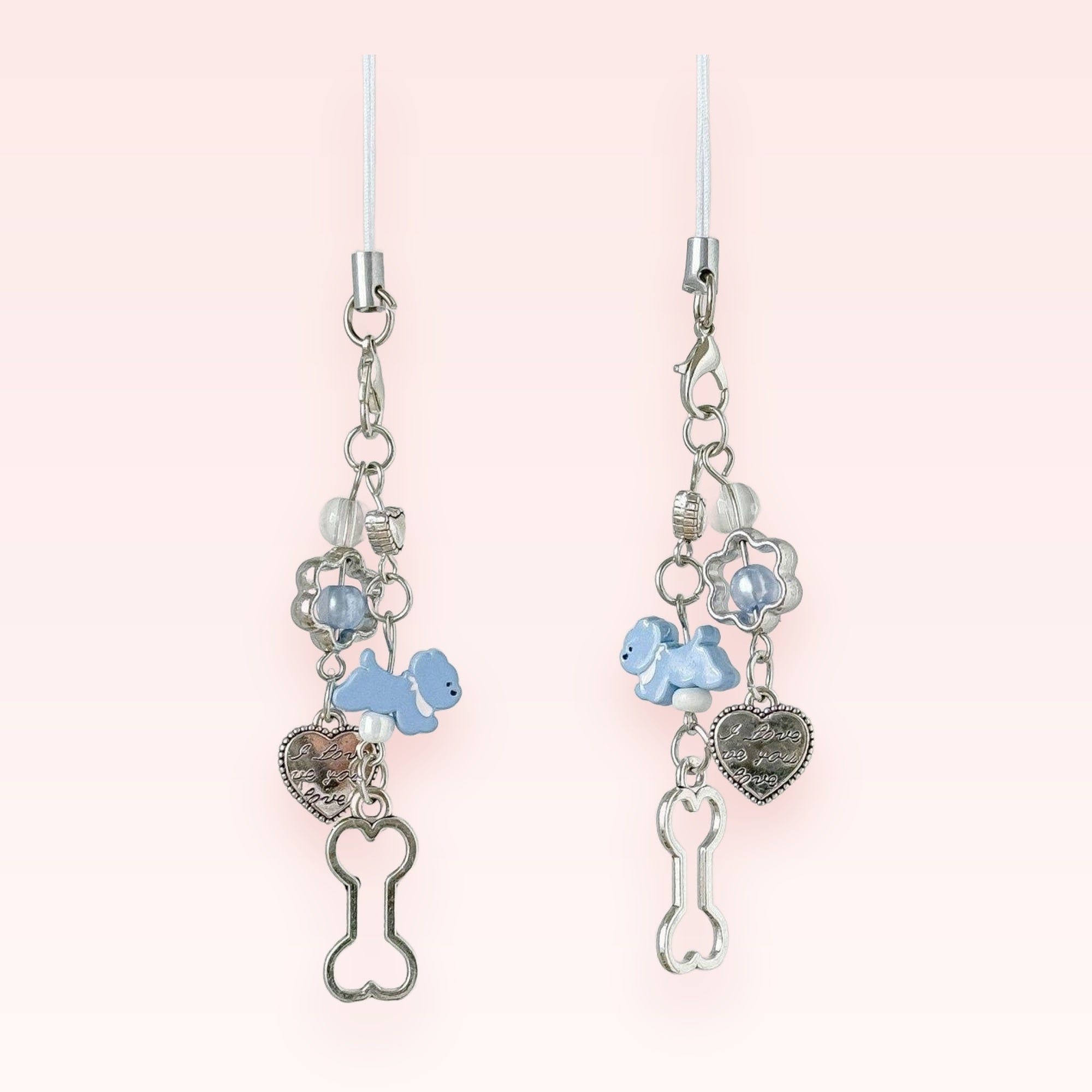 Kawaii Blue Puppy & Bone Phone Charm | Pastel Beaded Wrist Strap