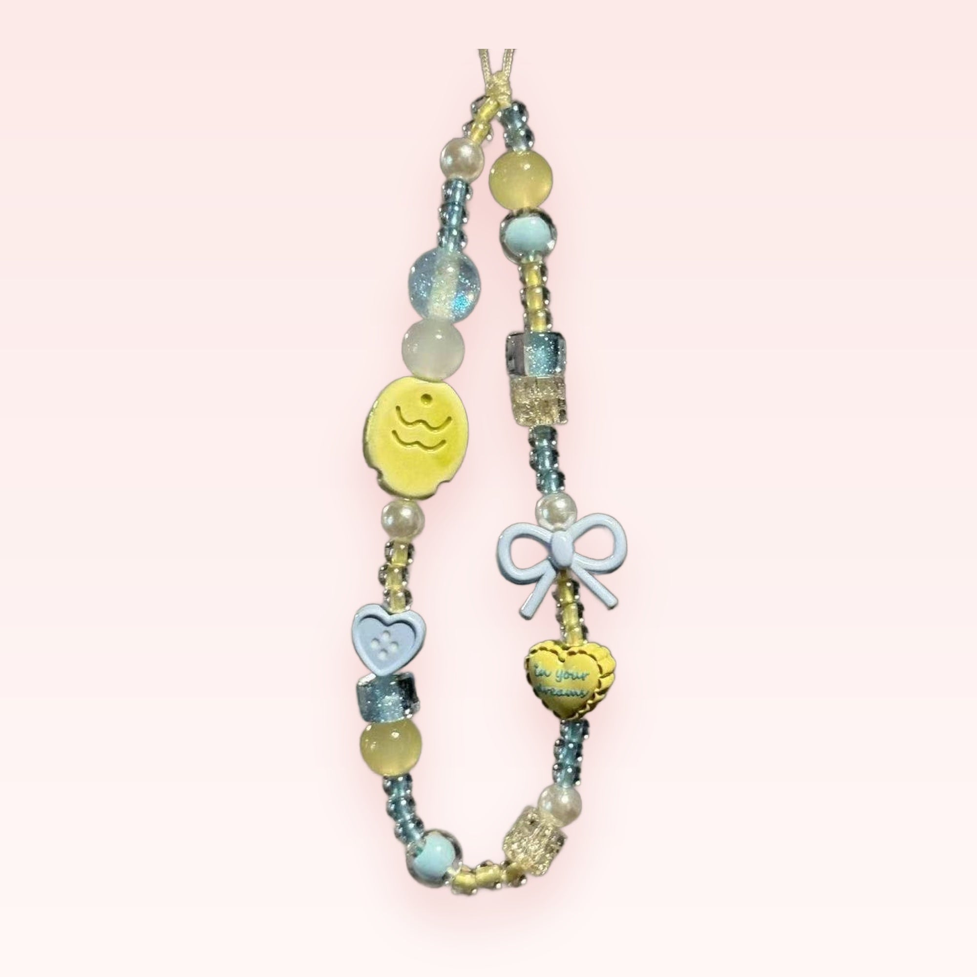 Pastel Yellow & Blue Beaded Phone Charm | Kawaii Bow & Heart Wrist Strap
