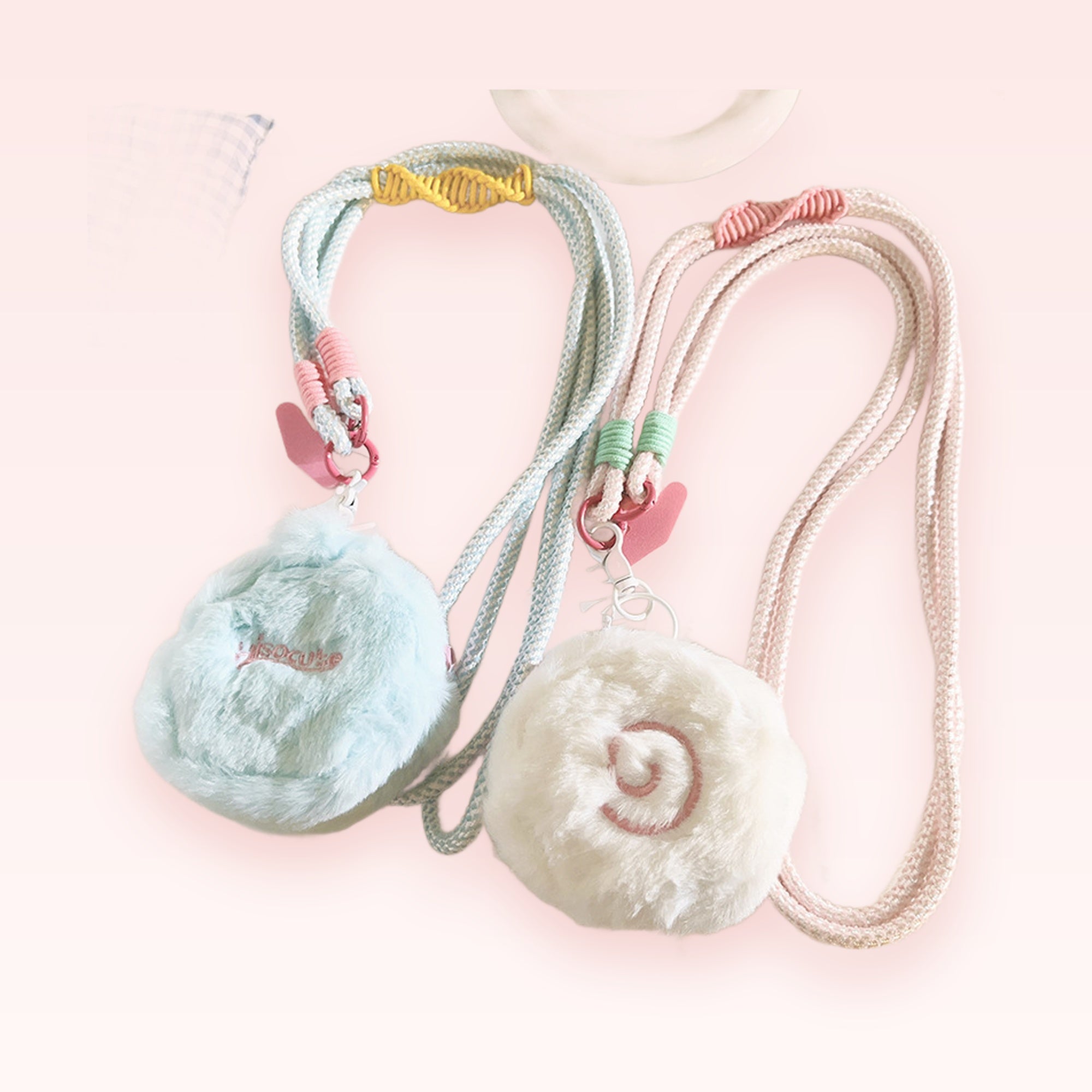 Fluffy Plush Phone Lanyard | Kawaii Pastel Blue & White Charm Strap