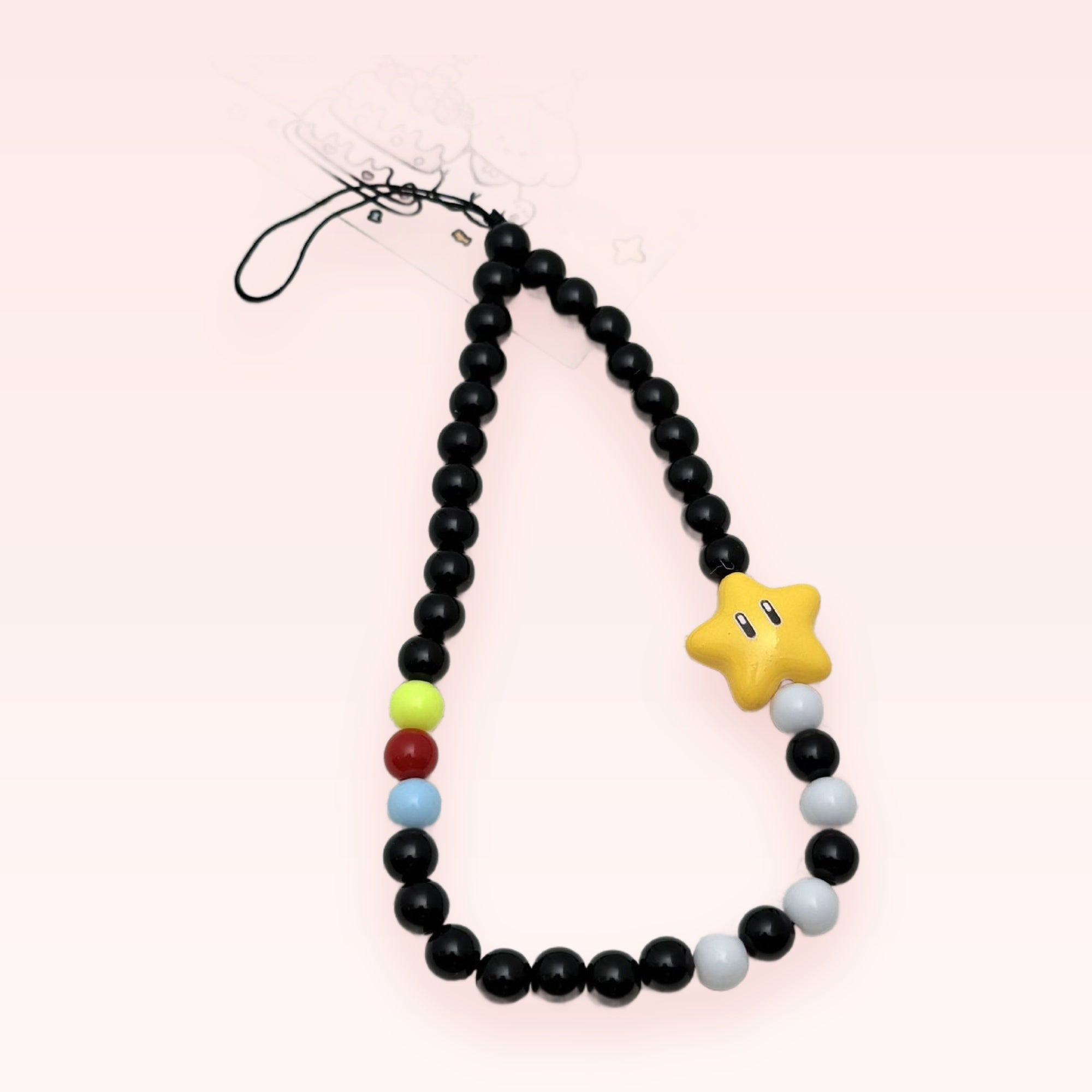 Kawaii Black Beaded Phone Charm with Yellow Star | Cute Rainbow Accent Wrist Strap
