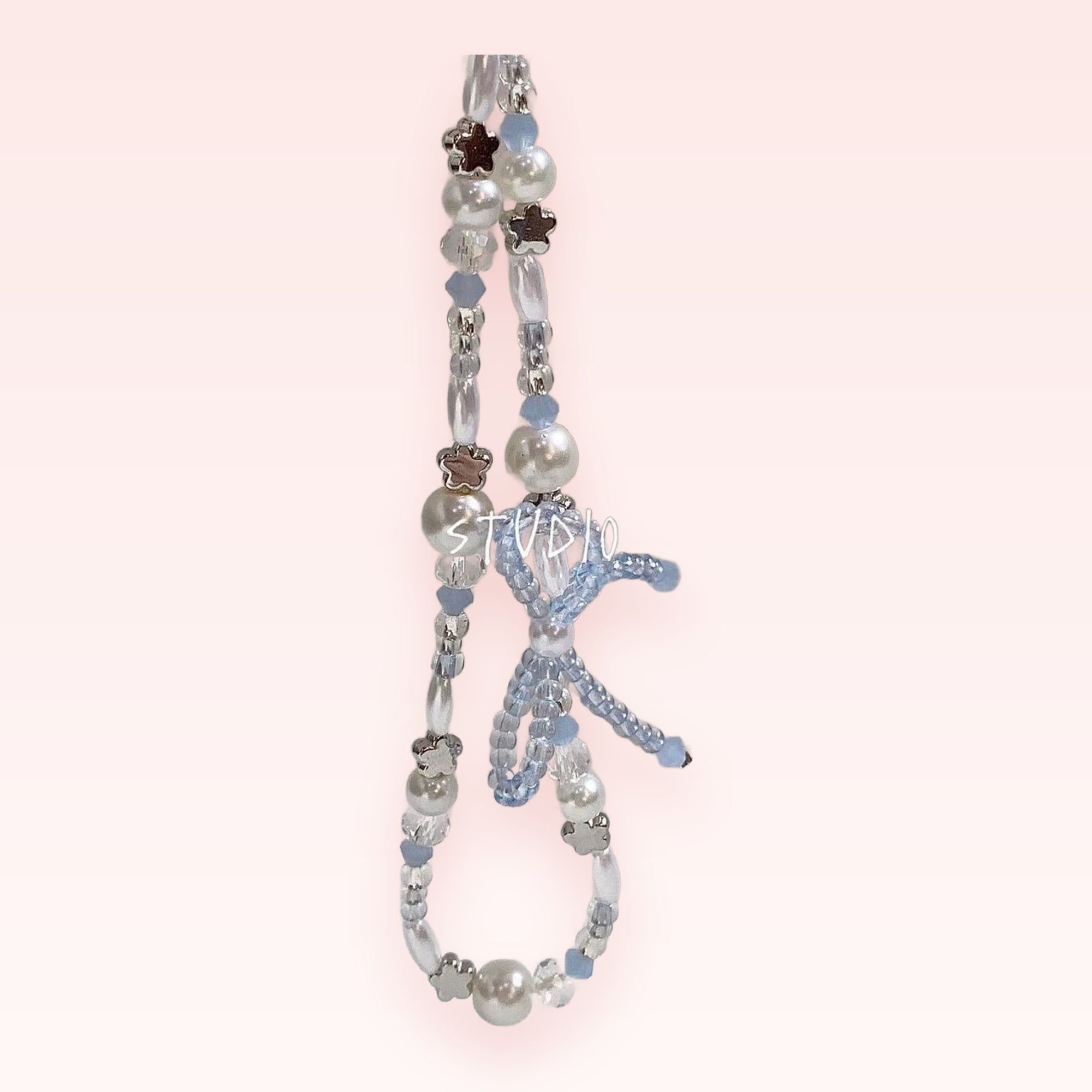 Aesthetic Pearl & Star Phone Charm | Pastel Blue Beaded Wrist Strap