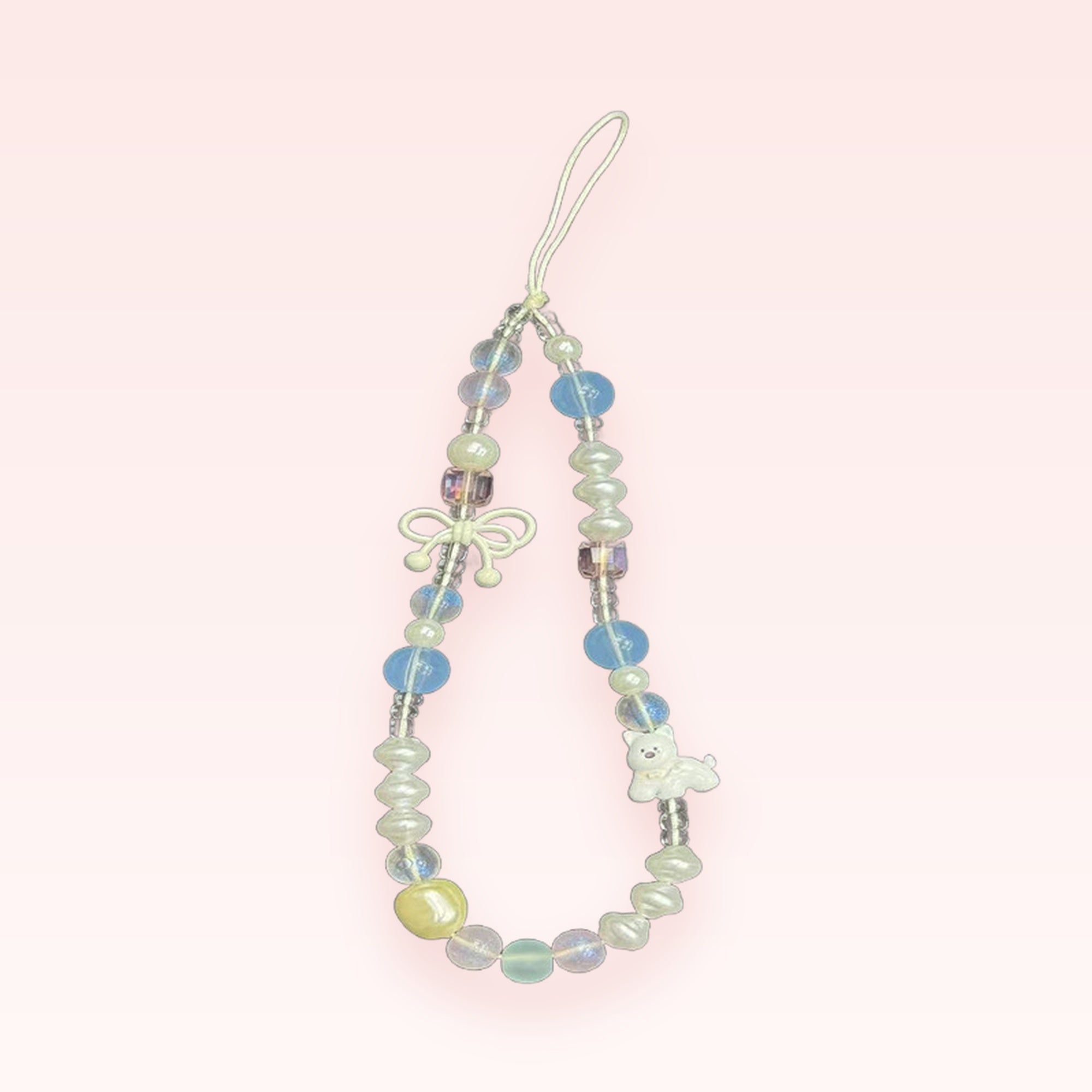 Kawaii Pastel Beaded Phone Charm Strap | Cute Pearl & Puppy Wrist Lanyard
