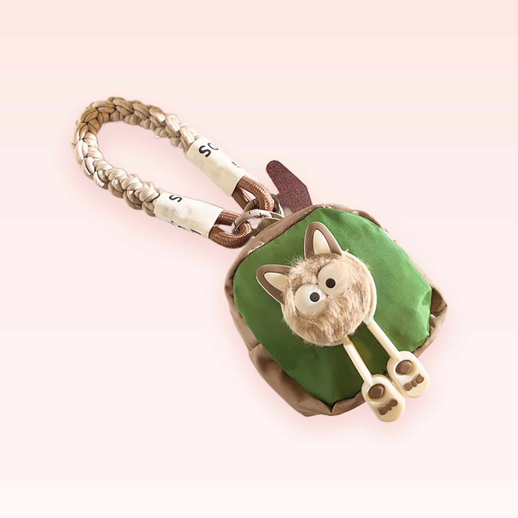 Cute Green & Brown Fuzzy Animal Phone Charm | Braided Wrist Strap Keychain