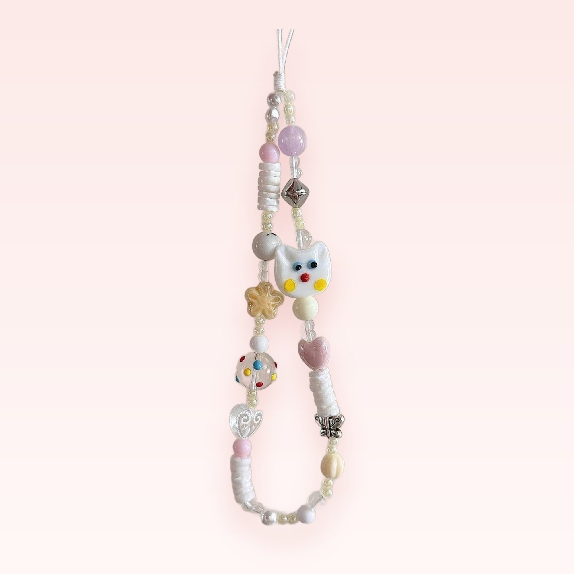 Kawaii Pastel Beaded Phone Charm Strap | Cute Cat & Star Wrist Lanyard