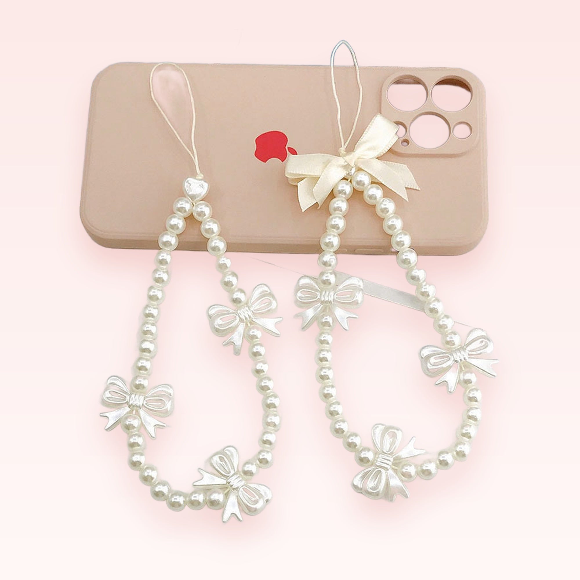 Aesthetic Pearl & Bow Phone Charm Strap | Cute Beaded Wrist Lanyard