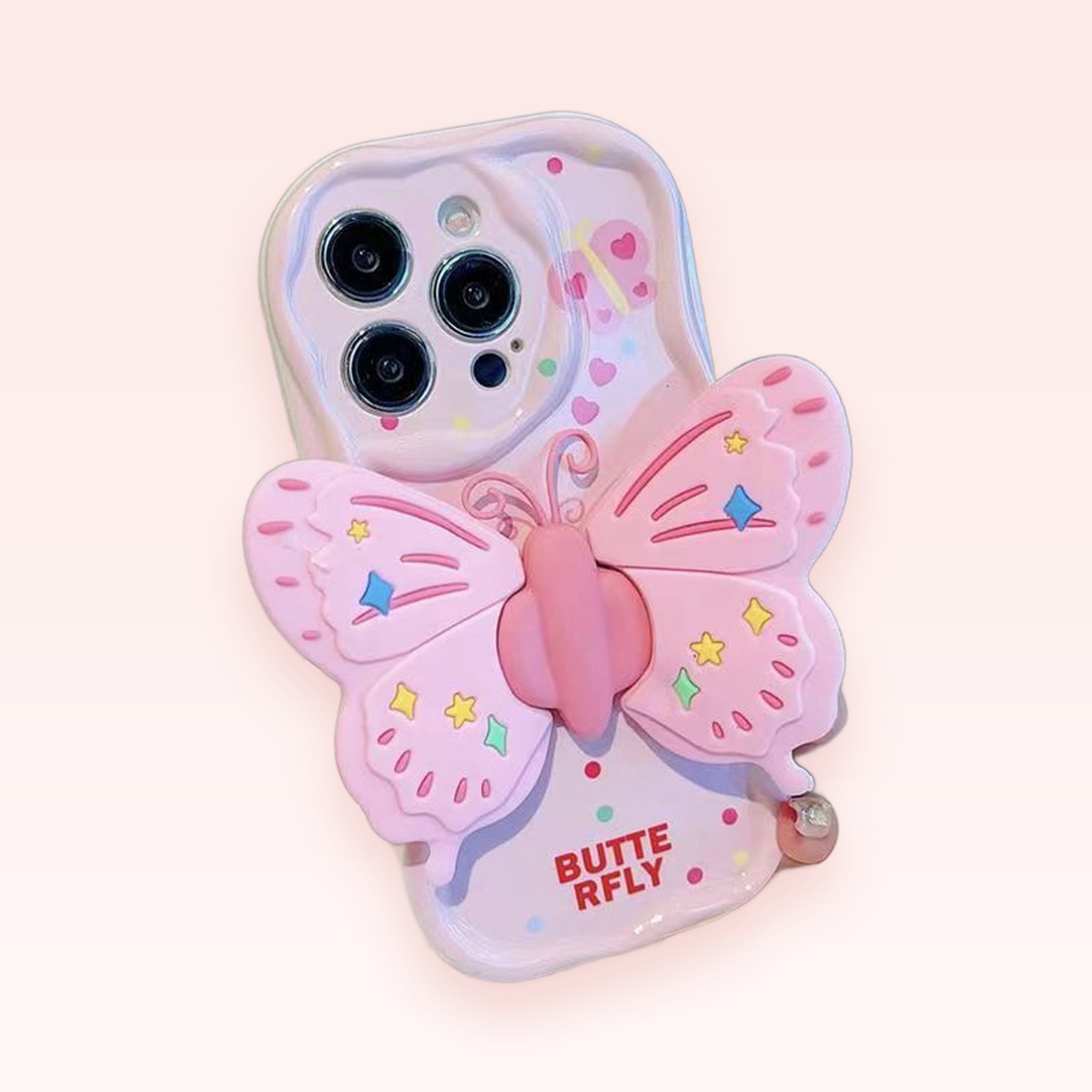 Pink Butterfly Phone Grip | Kawaii 3D Pop Socket Stand with Confetti Hearts