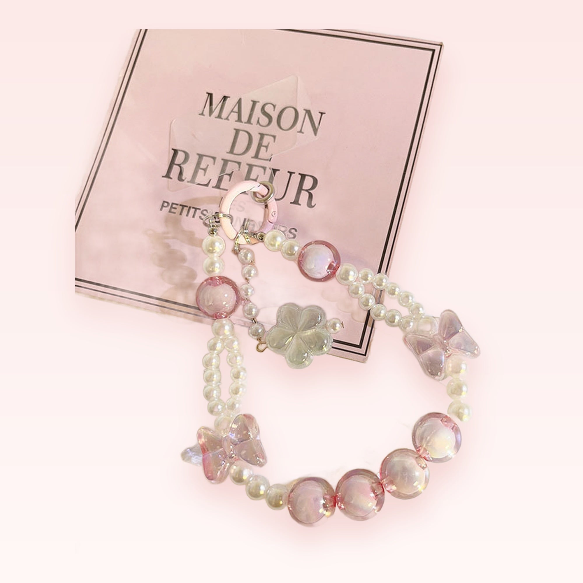 Kawaii Pink Pearl & Butterfly Phone Charm | Aesthetic Beaded Wrist Strap