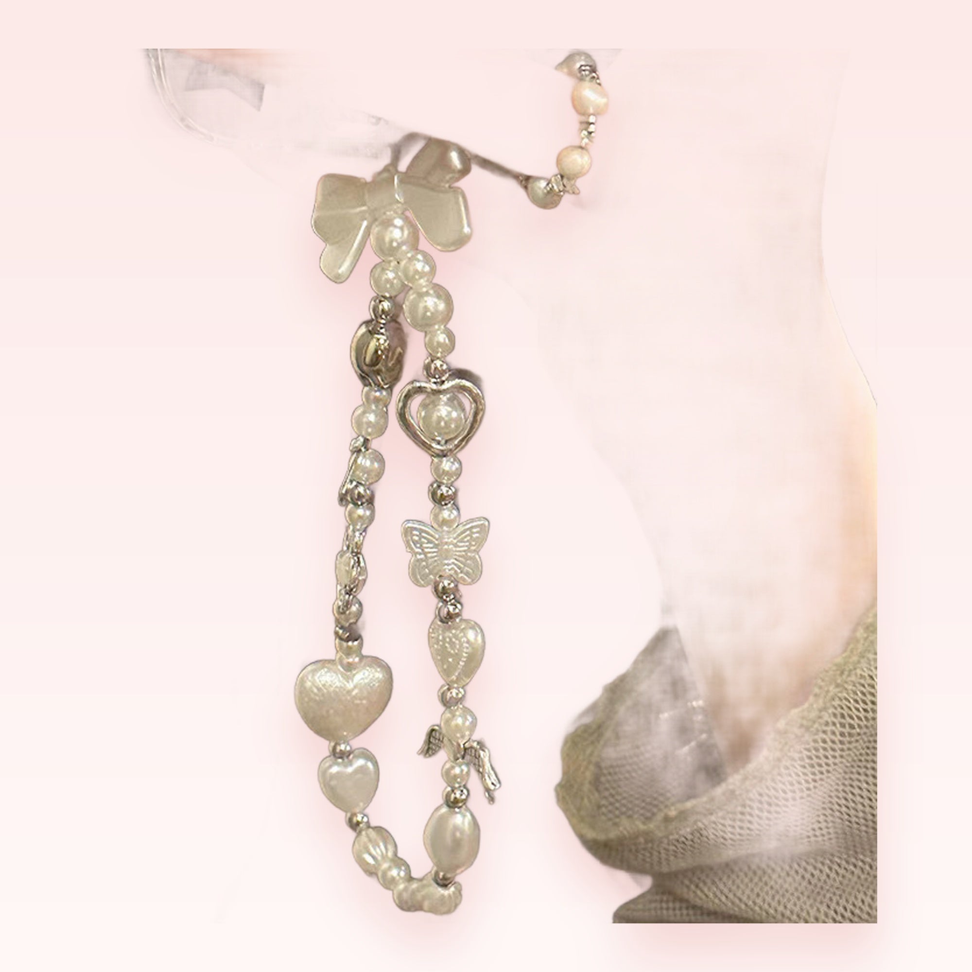 Kawaii Pearl & Silver Heart Phone Charm | Aesthetic Beaded Wrist Strap