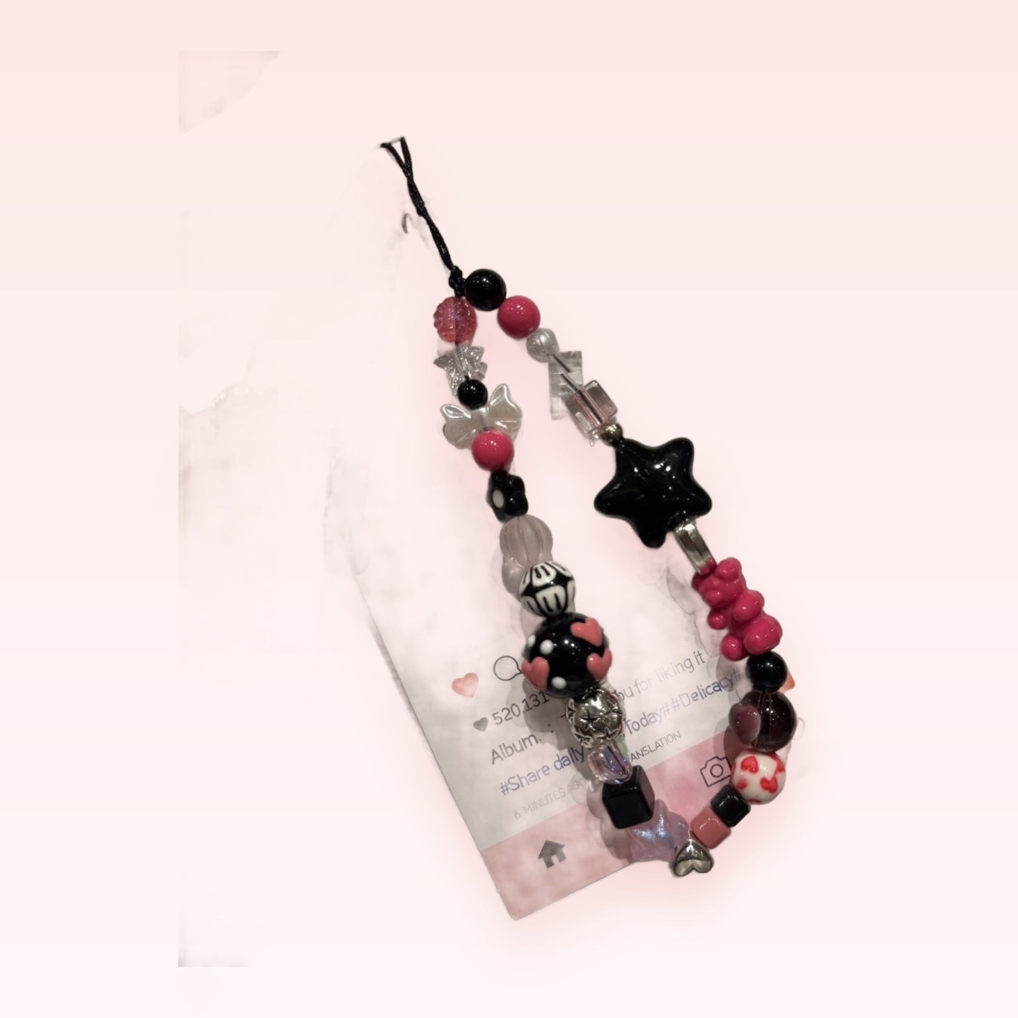 Kawaii Pink & Black Beaded Phone Charm Strap | Y2K Star & Heart Wrist Lanyard