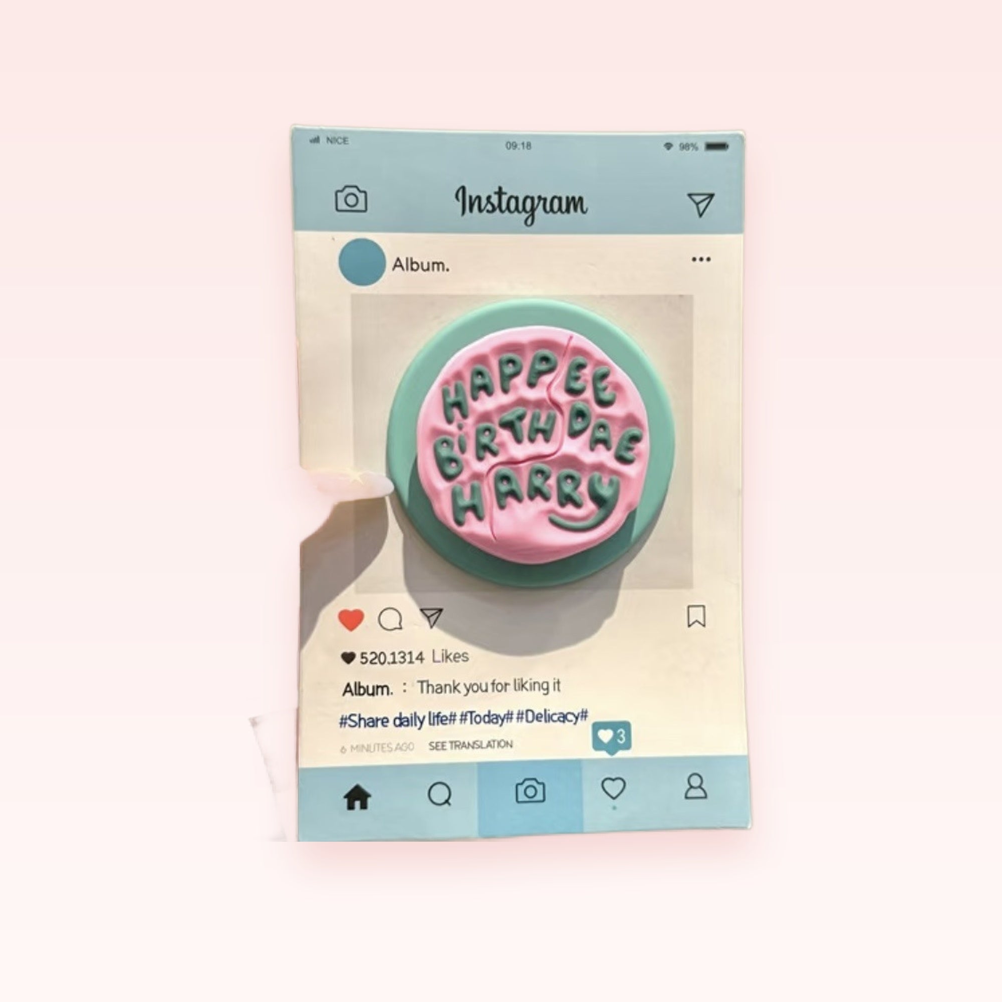 Kawaii Instagram Post Birthday Cake Phone Grip | Cute Pink & Green Pop Socket Stand