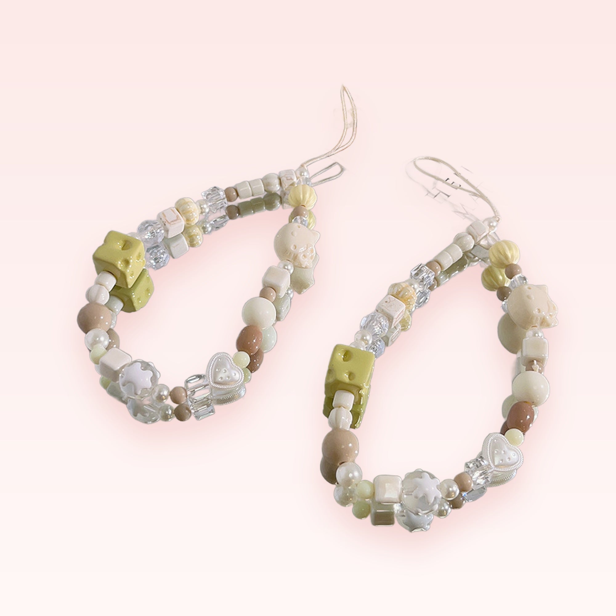 Kawaii Cheese & Kitty Beaded Phone Charm Strap | Pastel Aesthetic Wrist Lanyard