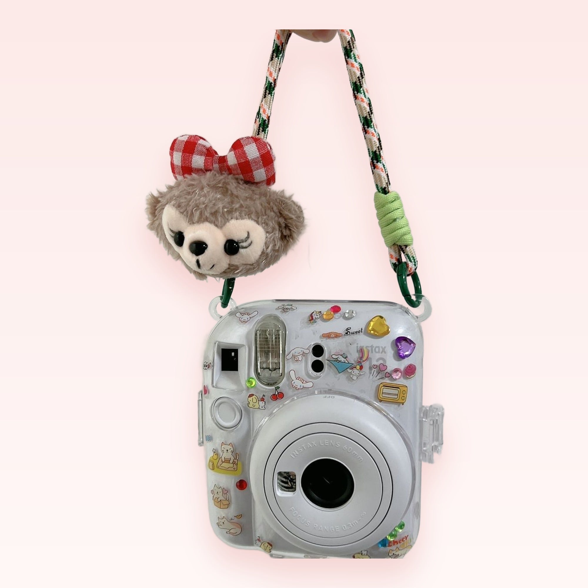 Kawaii Brown Bear Plushie Phone Charm | Red Gingham Bow Wrist Strap
