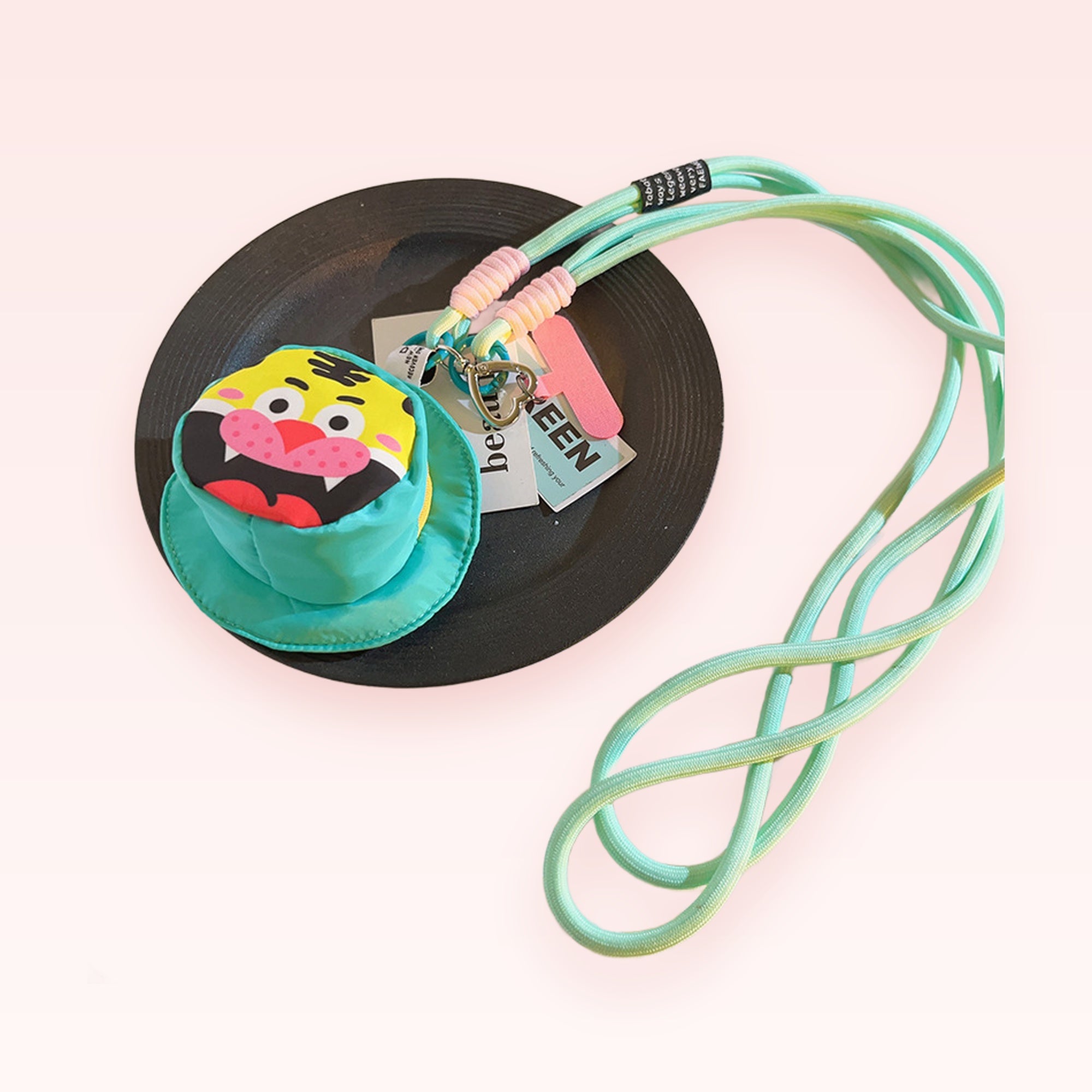 Cute Tiger Pouch Phone Lanyard | Pastel Green & Yellow Crossbody Phone Strap