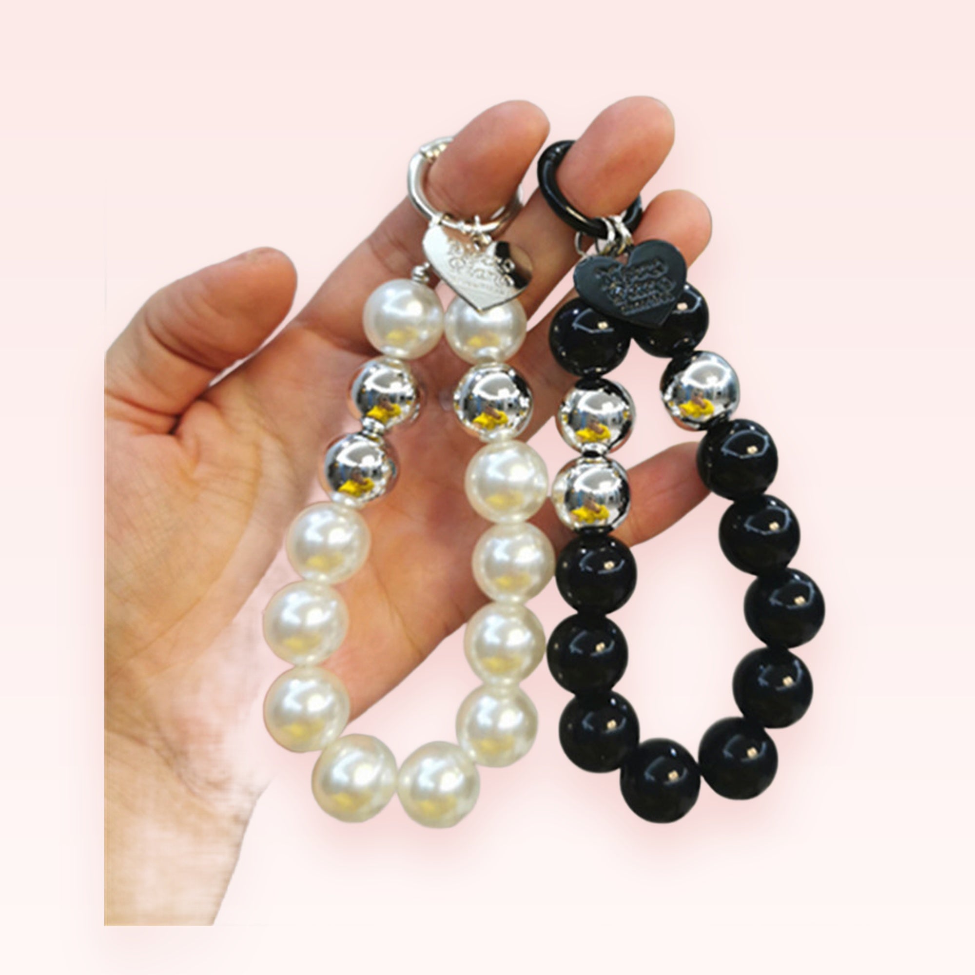 Pearl & Silver Bead Phone Charm Wrist Strap | Chic Black & White Beaded Lanyard