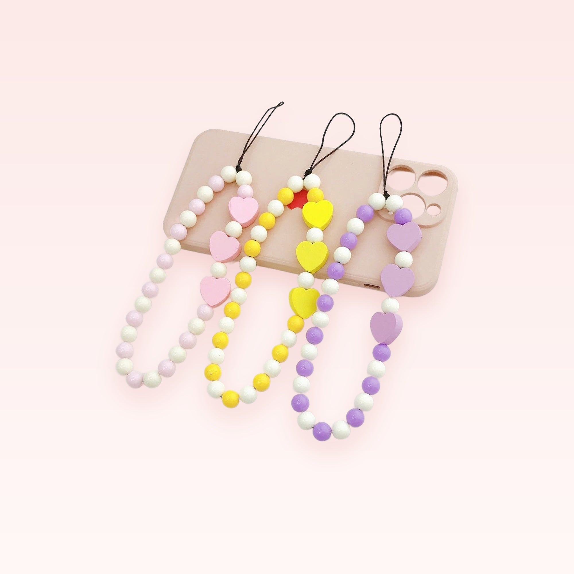 Pastel Heart & Bead Phone Charm Strap | Cute Beaded Wrist Lanyard