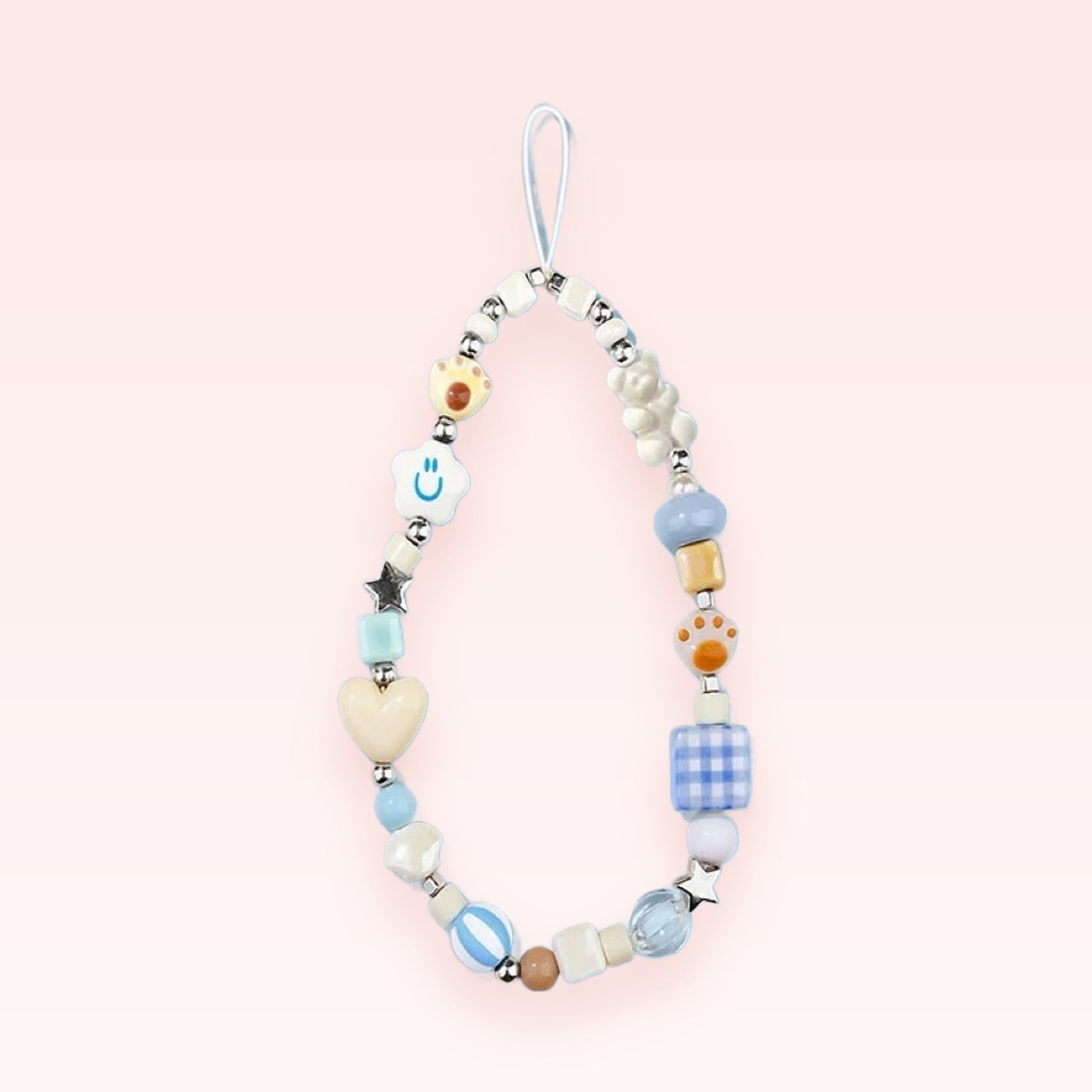 Kawaii Pastel Beaded Phone Charm Strap | Cute Bear & Heart Wrist Lanyard