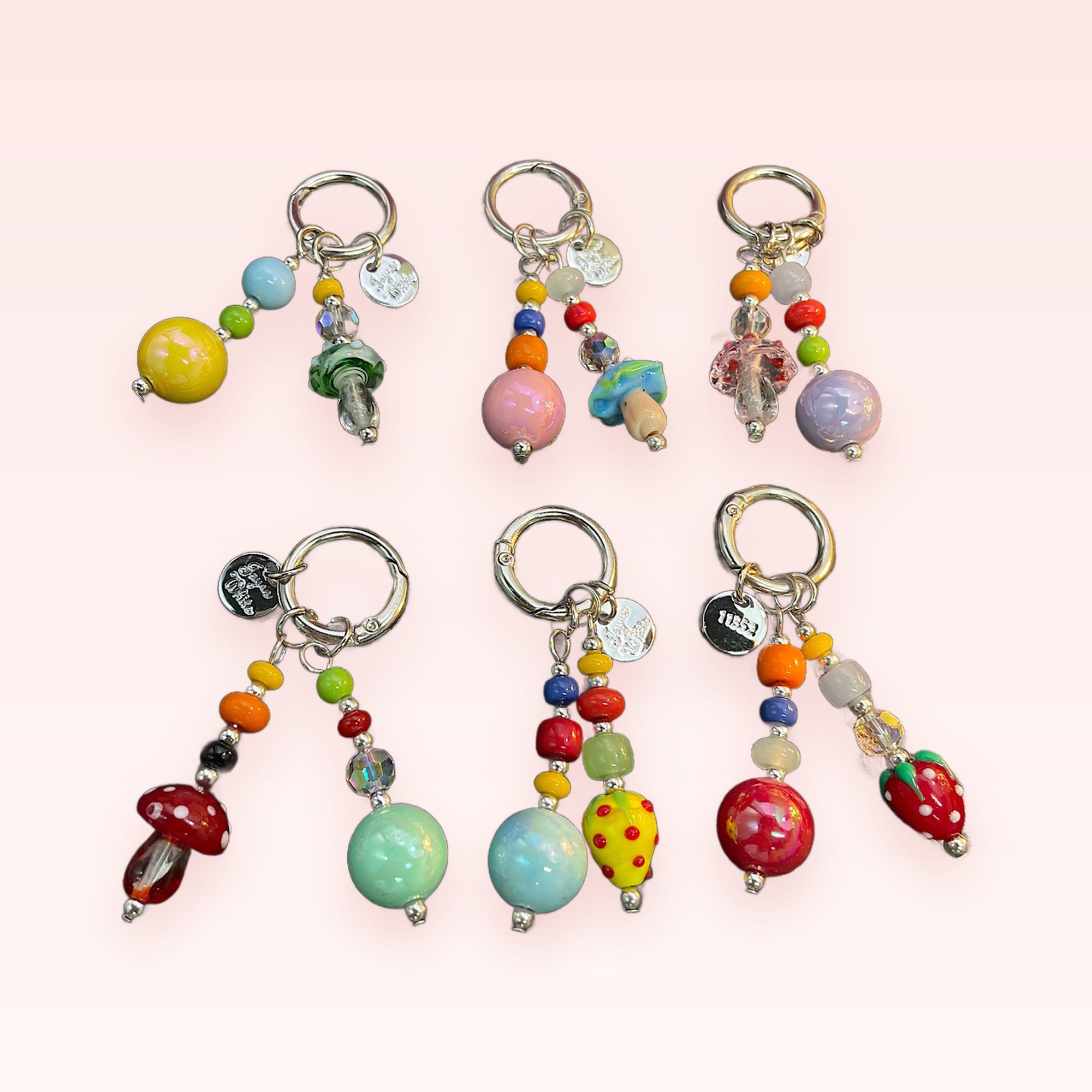 Kawaii Beaded Mushroom & Strawberry Phone Charm | Pastel Glass Bead Keychain