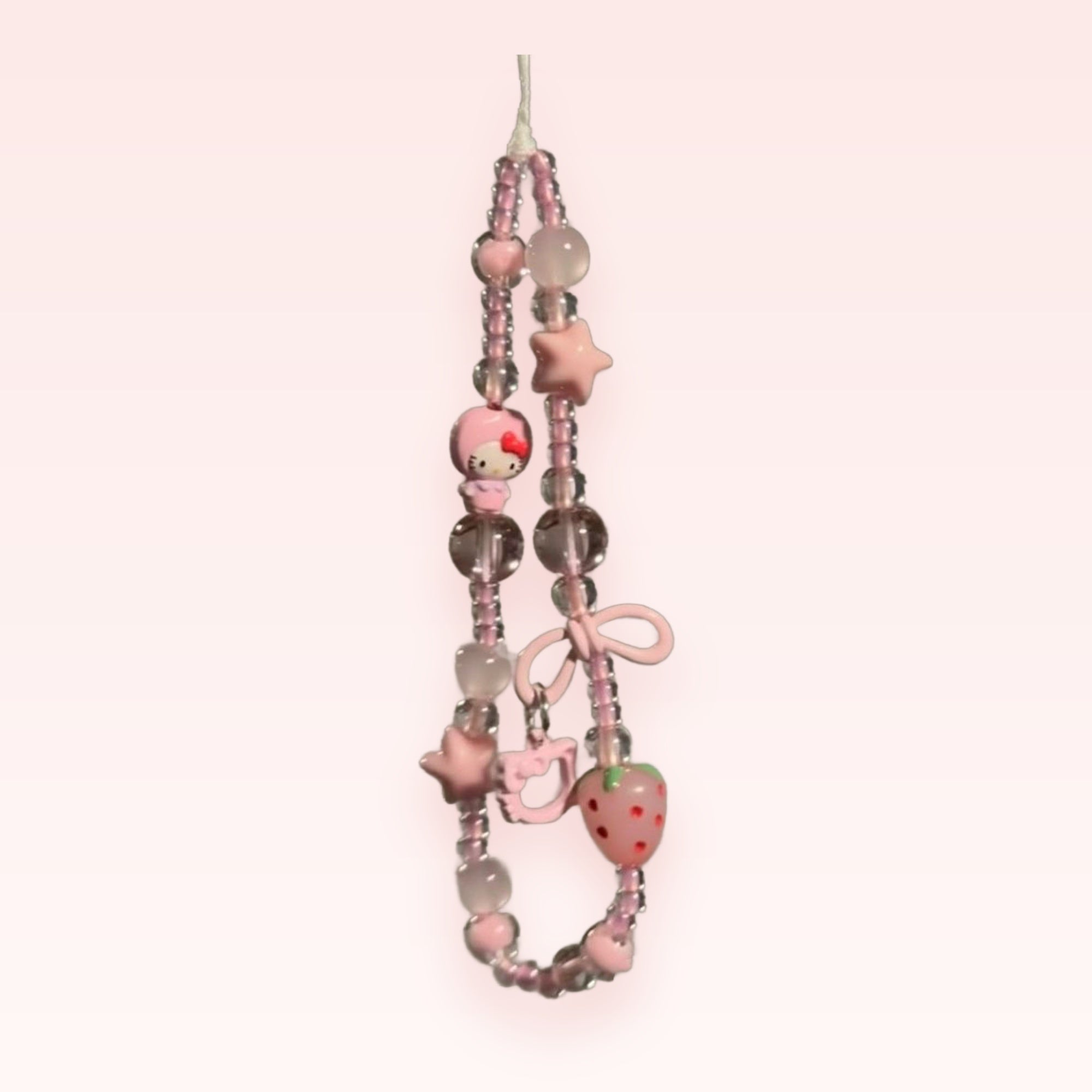 Kawaii Pink Beaded Phone Charm | Hello Kitty & Strawberry Wrist Strap