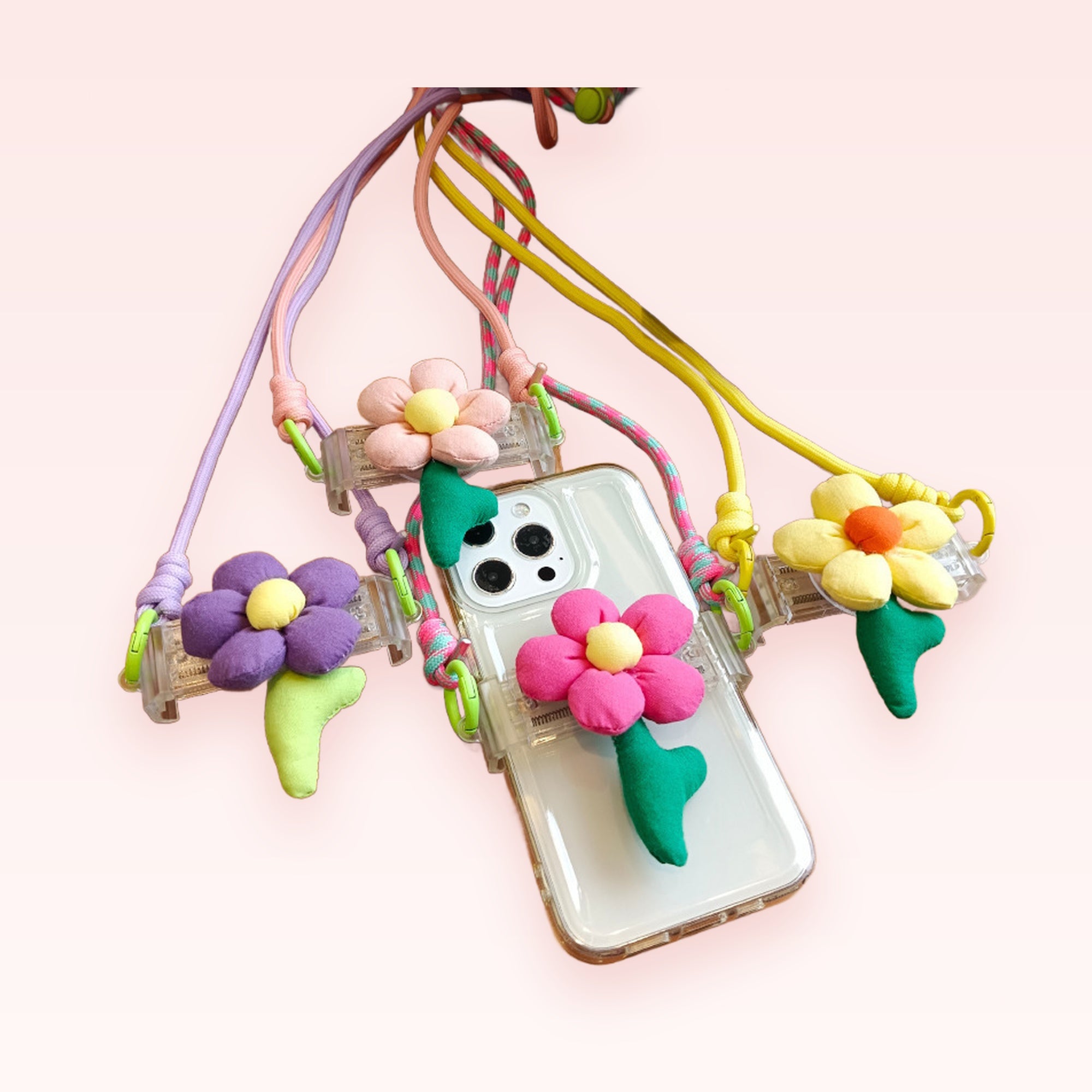 Kawaii Plush Flower Phone Lanyard | Cute Pastel Crossbody Strap for iPhone