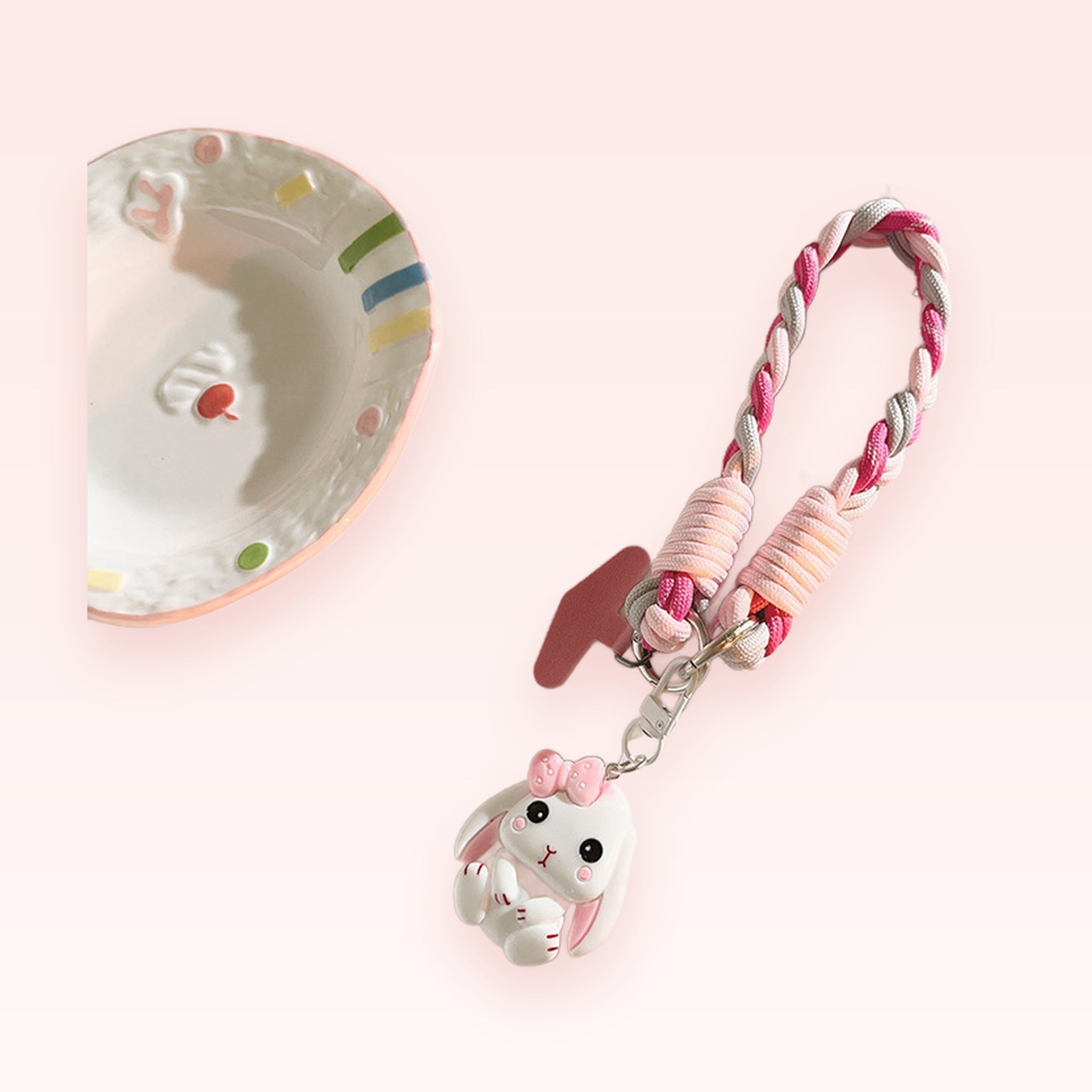 Kawaii Bunny Phone Charm Strap | Pink & Grey Braided Wrist Lanyard