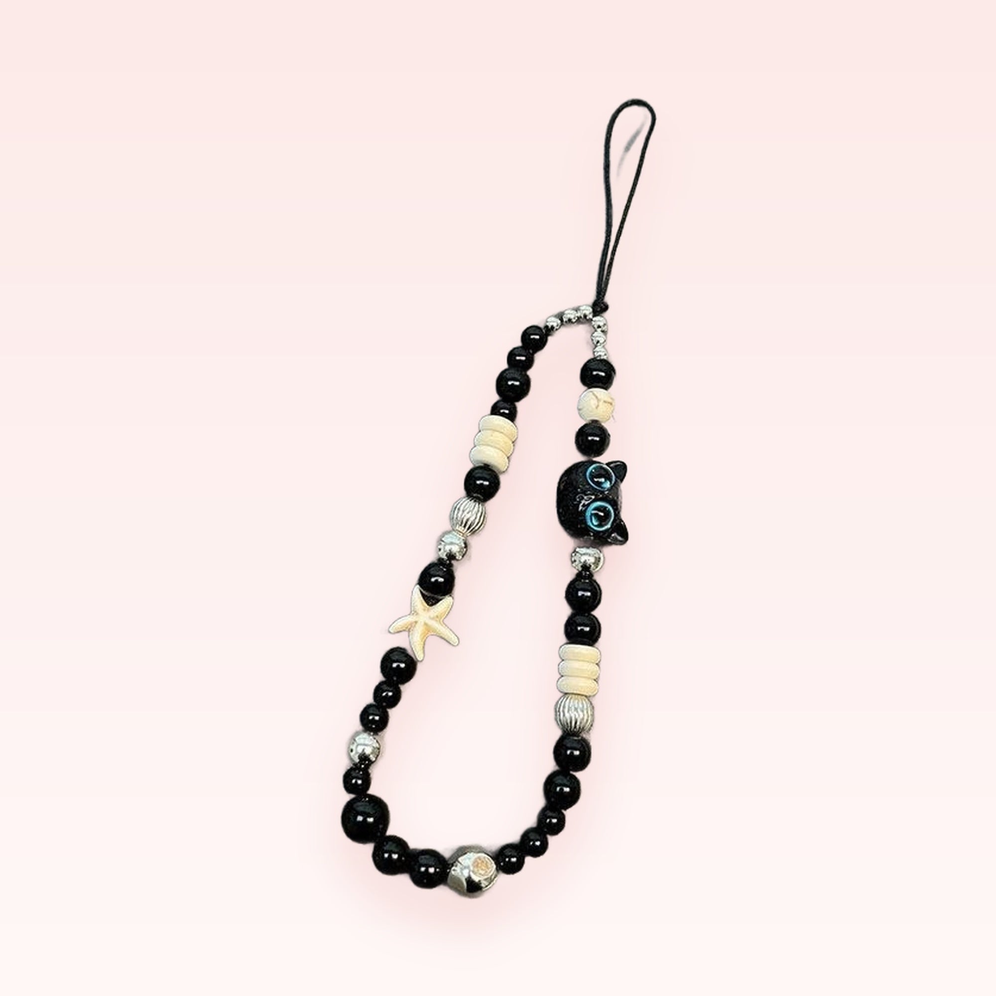 Black & White Beaded Phone Charm | Cute Starfish & Cat Wrist Strap
