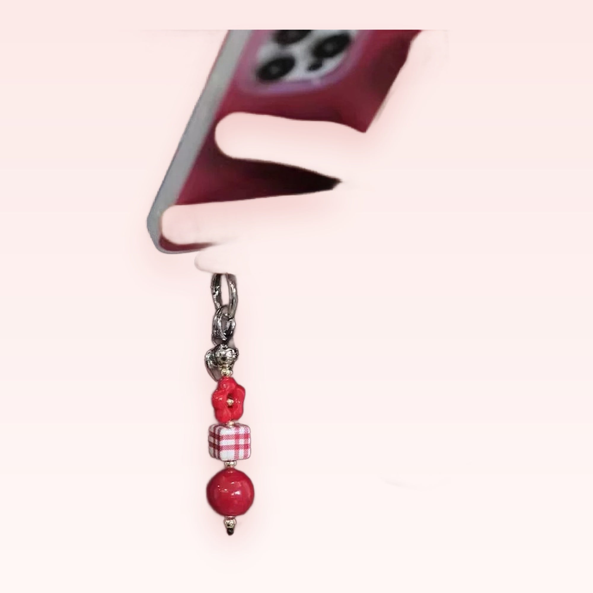 Red Gingham & Floral Phone Charm | Aesthetic Beaded Phone Strap