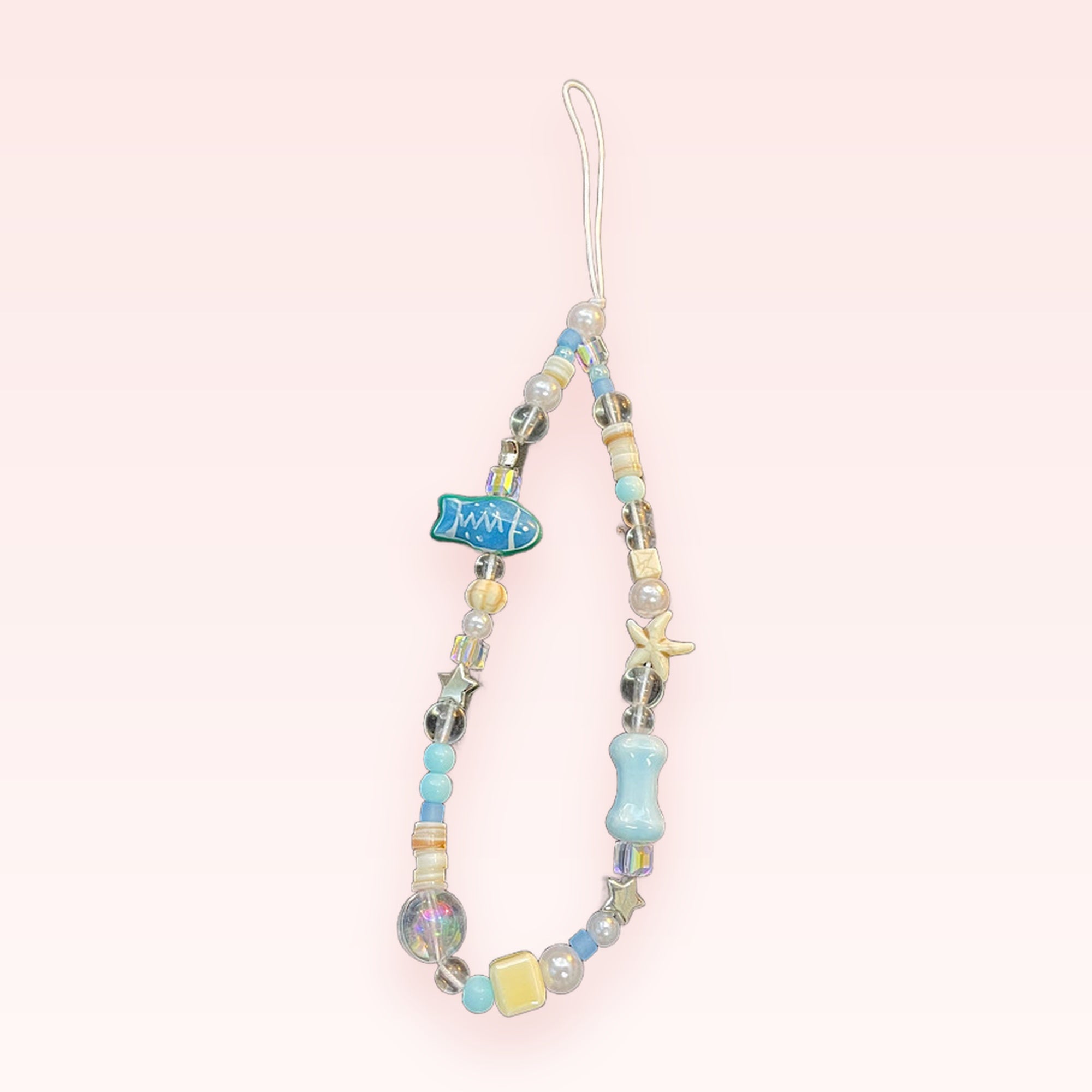 Aesthetic Blue & White Beaded Phone Charm | Ocean-Themed Wrist Lanyard