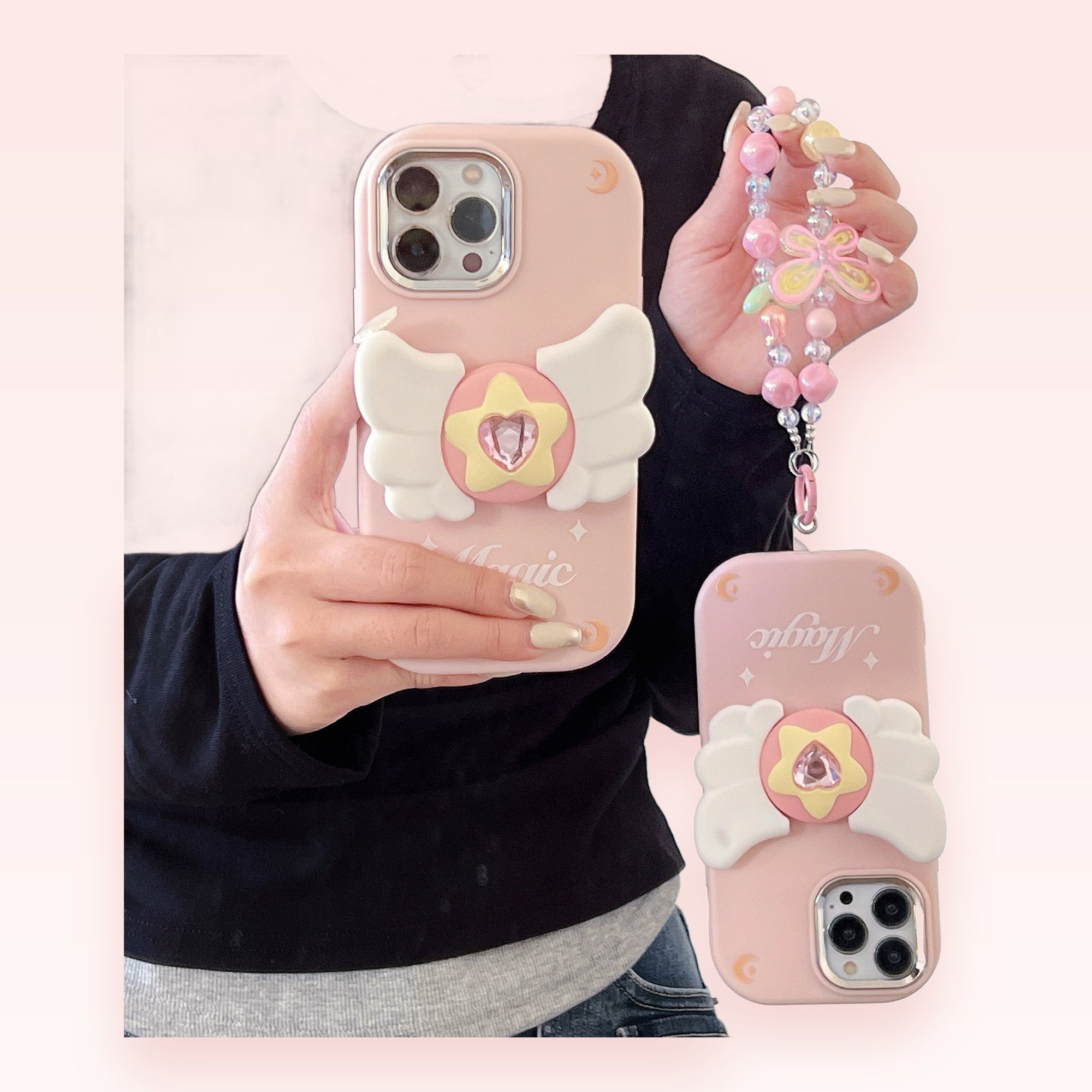 Kawaii Pink Winged Star Phone Grip | Cute Heart Gem Pop Socket Stand