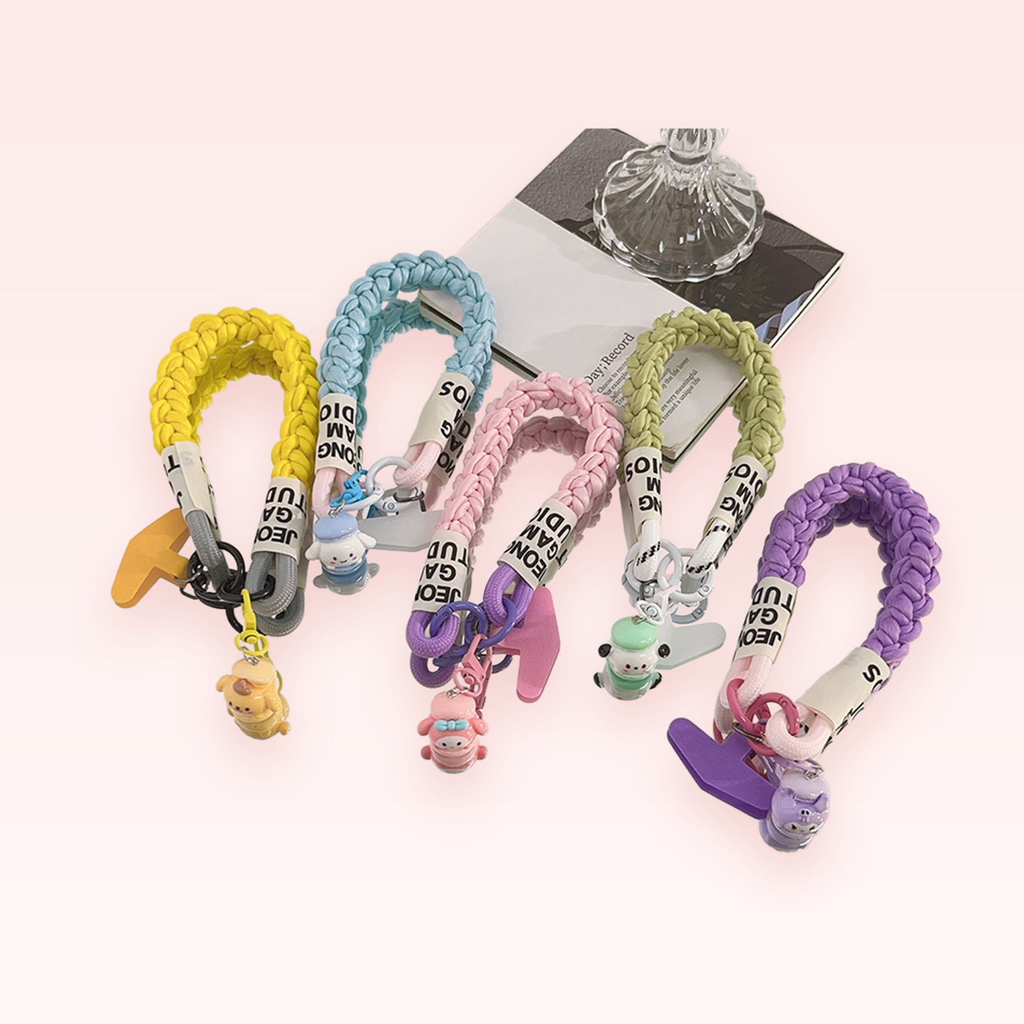 Braided Rope Phone Charm Strap with Cartoon Character & Letter Charms | Colorful Wrist Lanyard