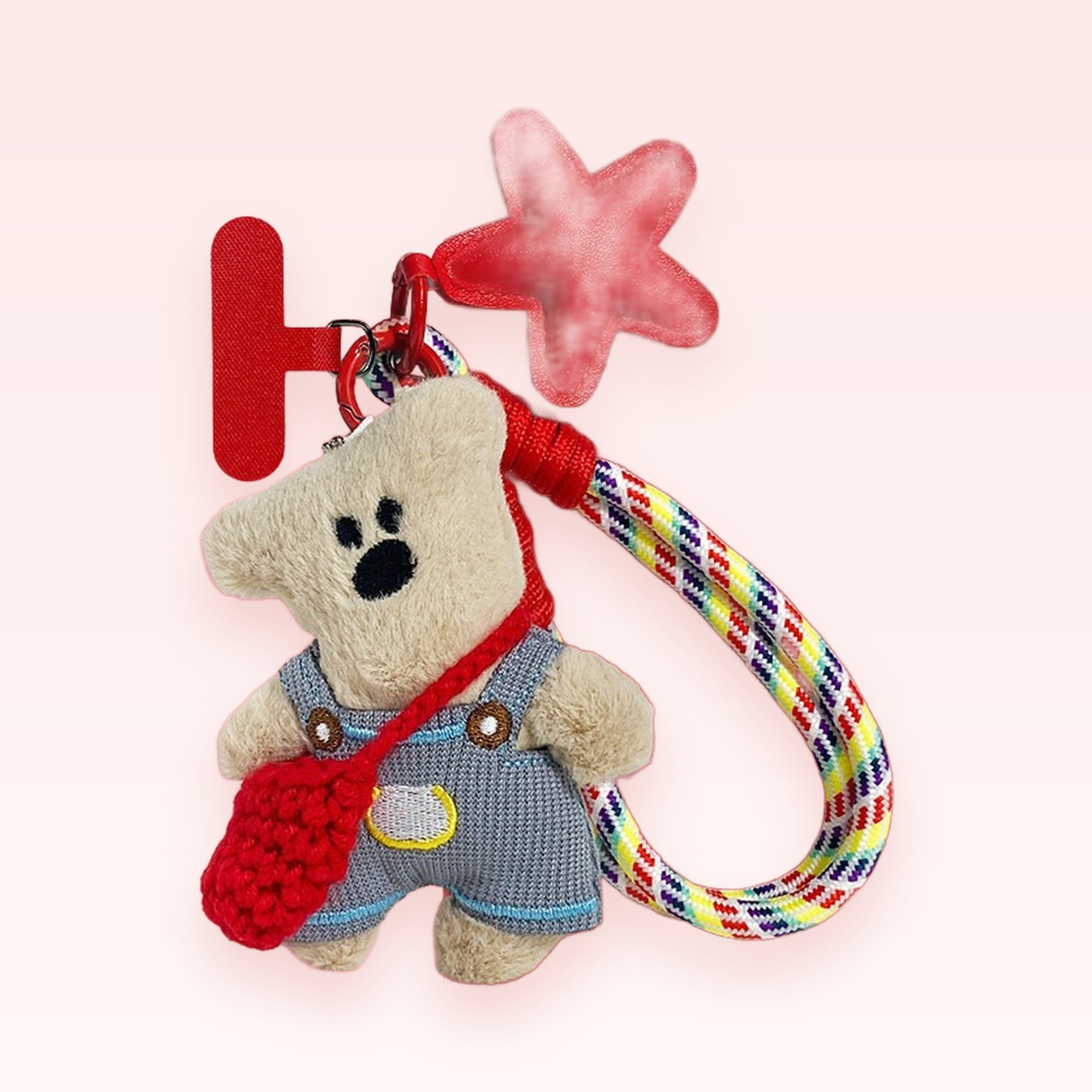 Cute Plush Bear & Red Star Phone Charm | Rainbow Woven Wrist Lanyard