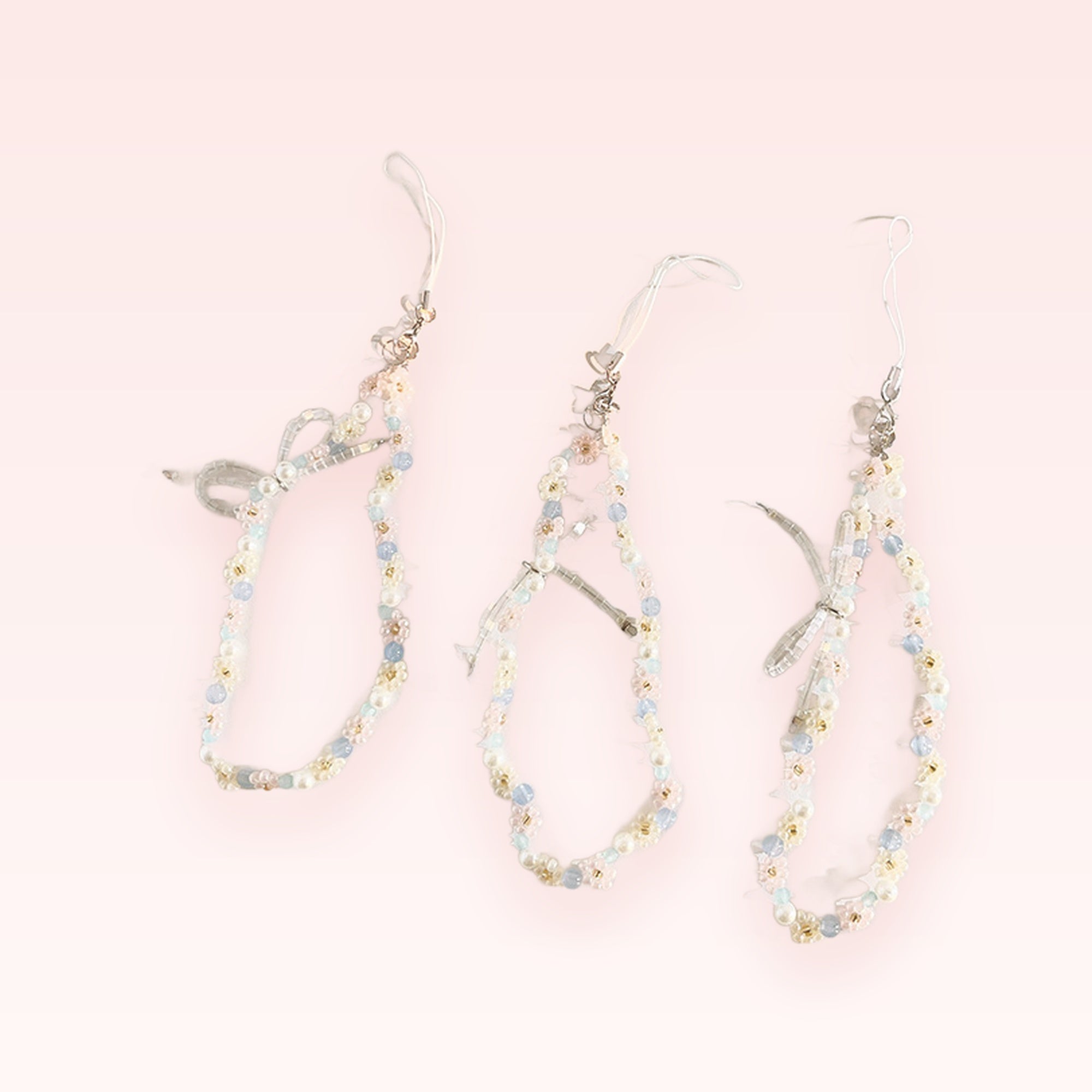 Pastel Beaded Flower & Pearl Phone Charm Strap | Cute Wrist Lanyard with Dragonfly Bows