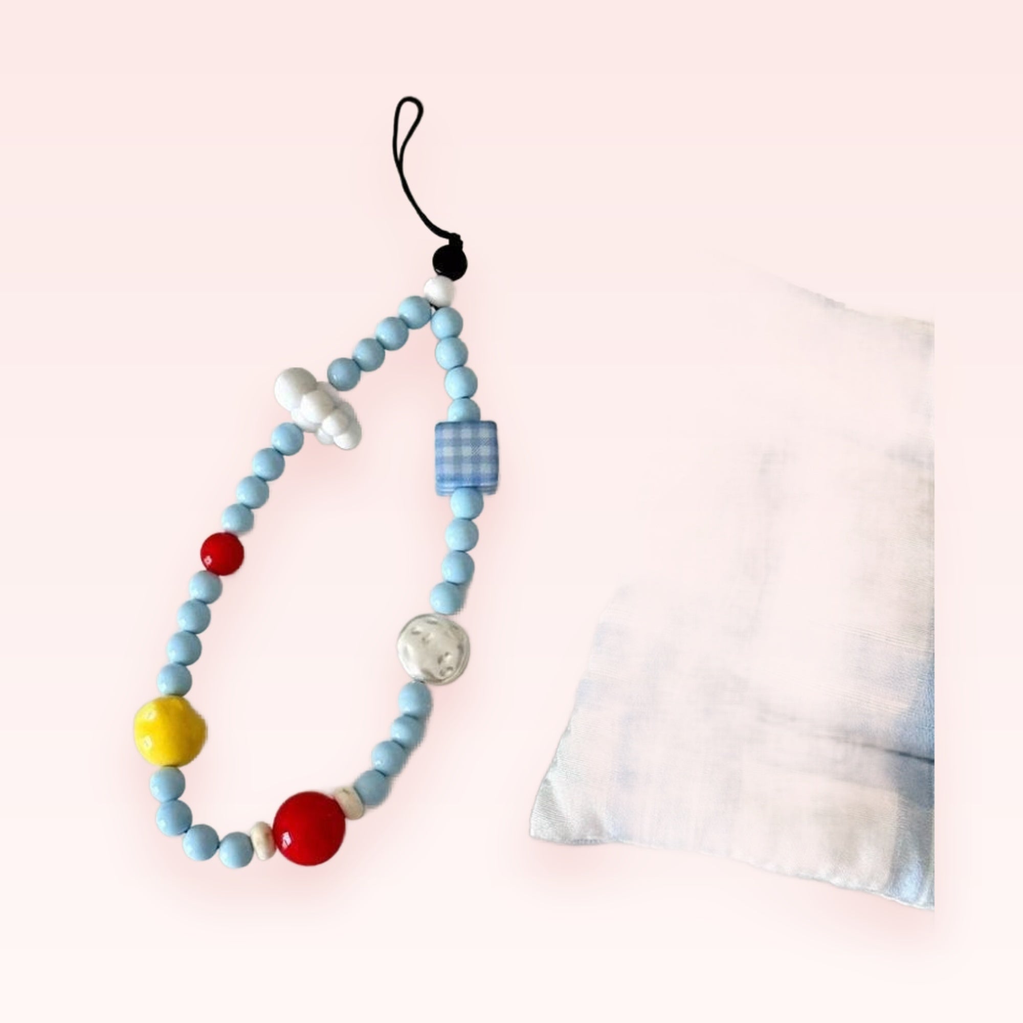 Kawaii Pastel Blue Beaded Phone Charm | Cute Cloud & Gingham Wrist Strap