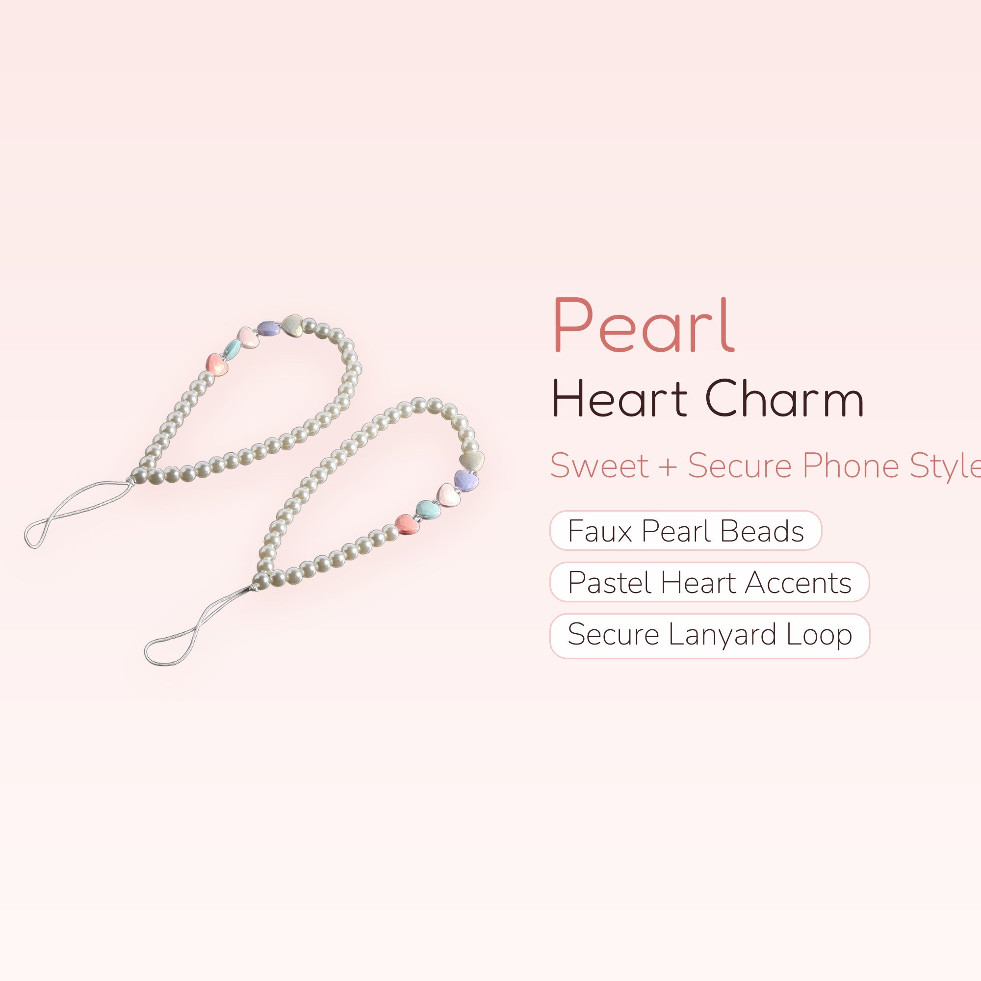 Pearl & Pastel Heart Phone Charm Strap | Cute Wrist Lanyard