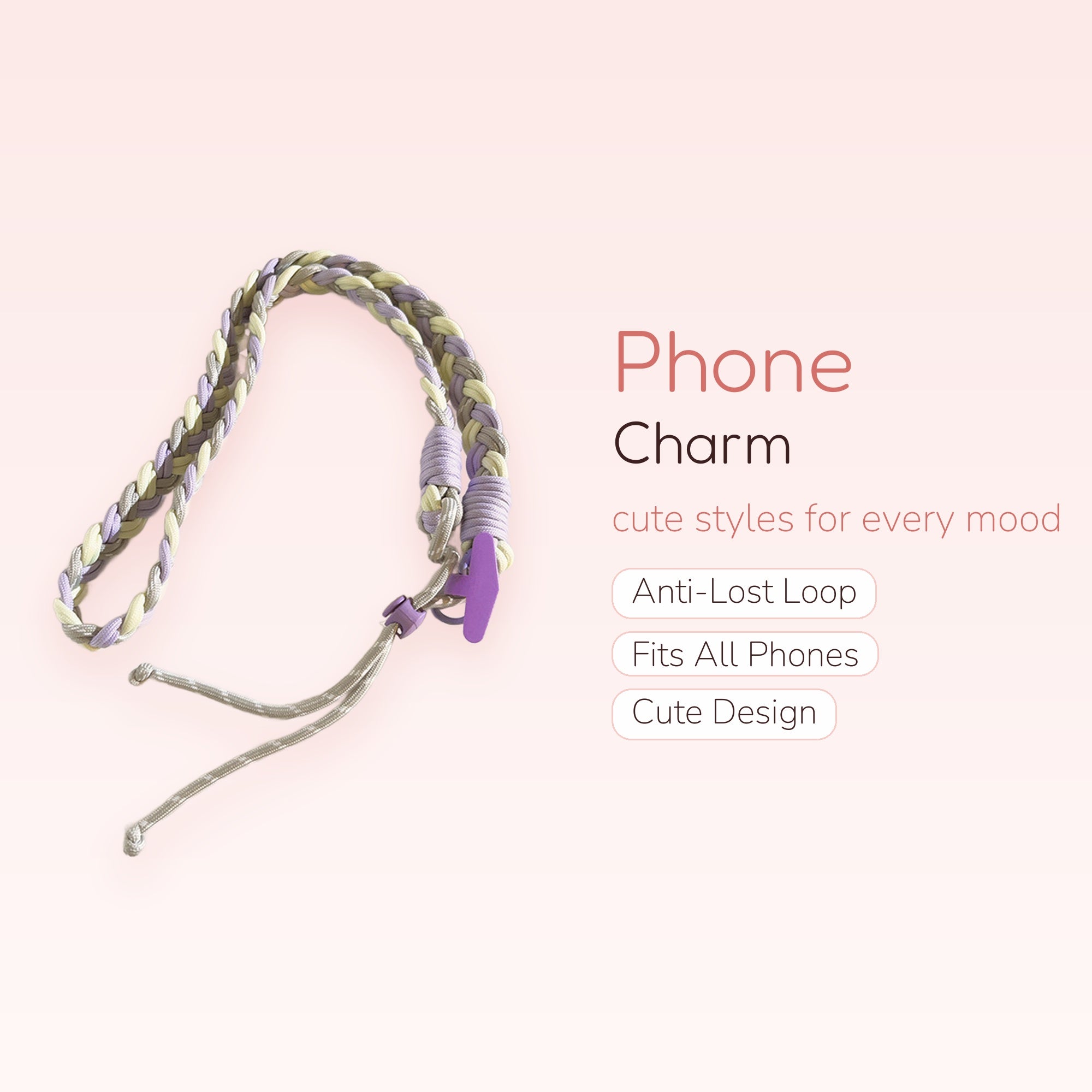 Pastel Braided Phone Charm Lanyard | Aesthetic Purple & Yellow Wrist Strap