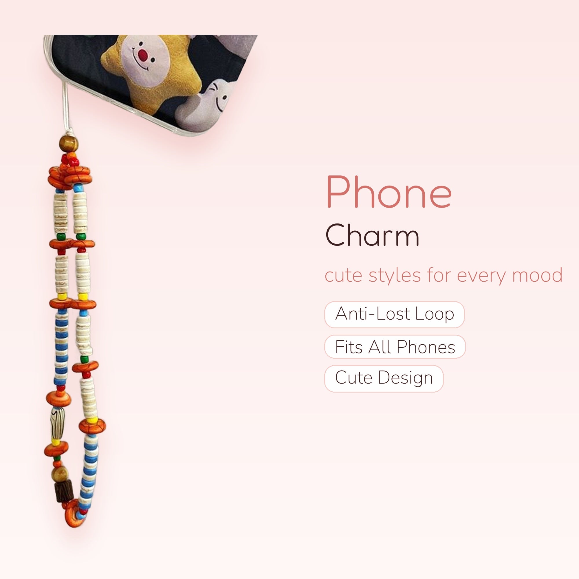 Boho Beaded Phone Charm Strap | Colorful Clay & Wood Bead Wrist Lanyard